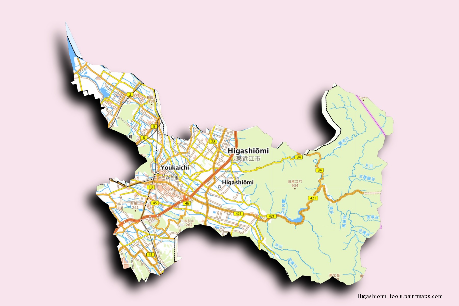 Higashiomi neighborhoods and villages map with 3D shadow effect