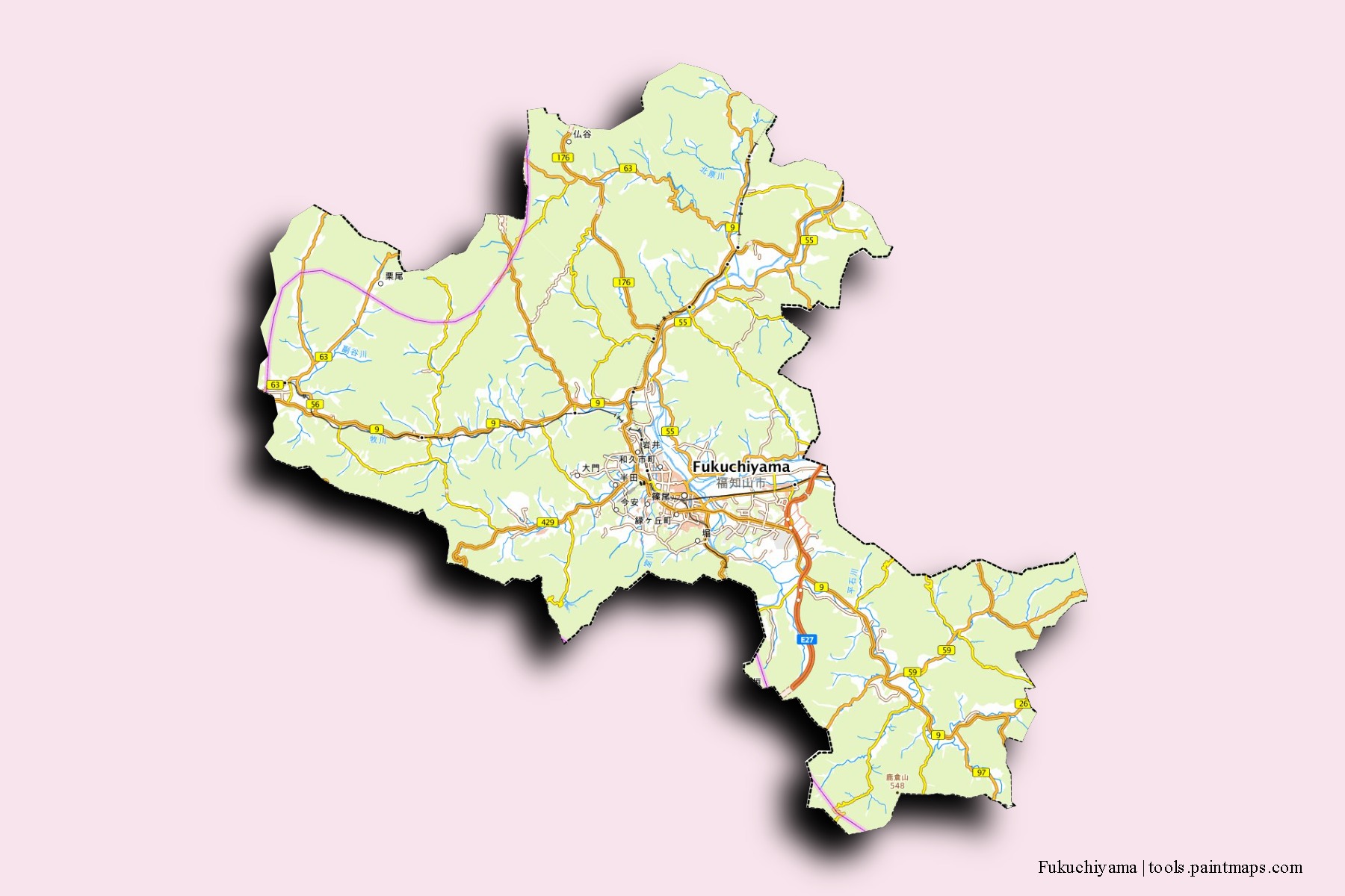 Mapa de barrios y pueblos de Fukuchiyama con efecto de sombra 3D