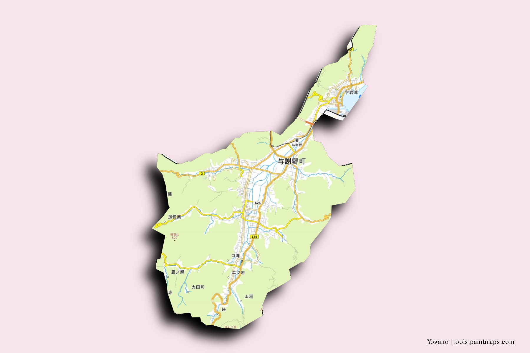 Mapa de barrios y pueblos de Yosano con efecto de sombra 3D