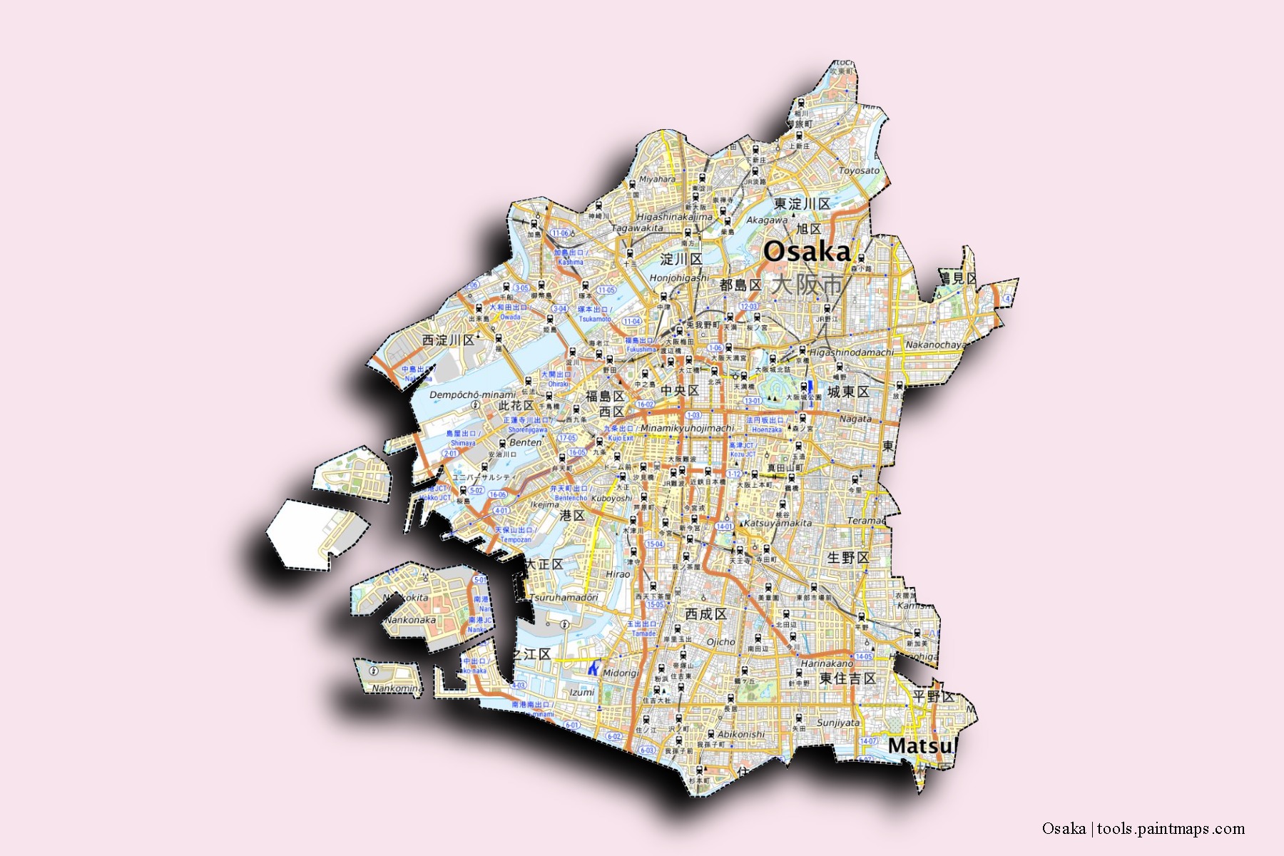 Mapa de barrios y pueblos de Osaka con efecto de sombra 3D