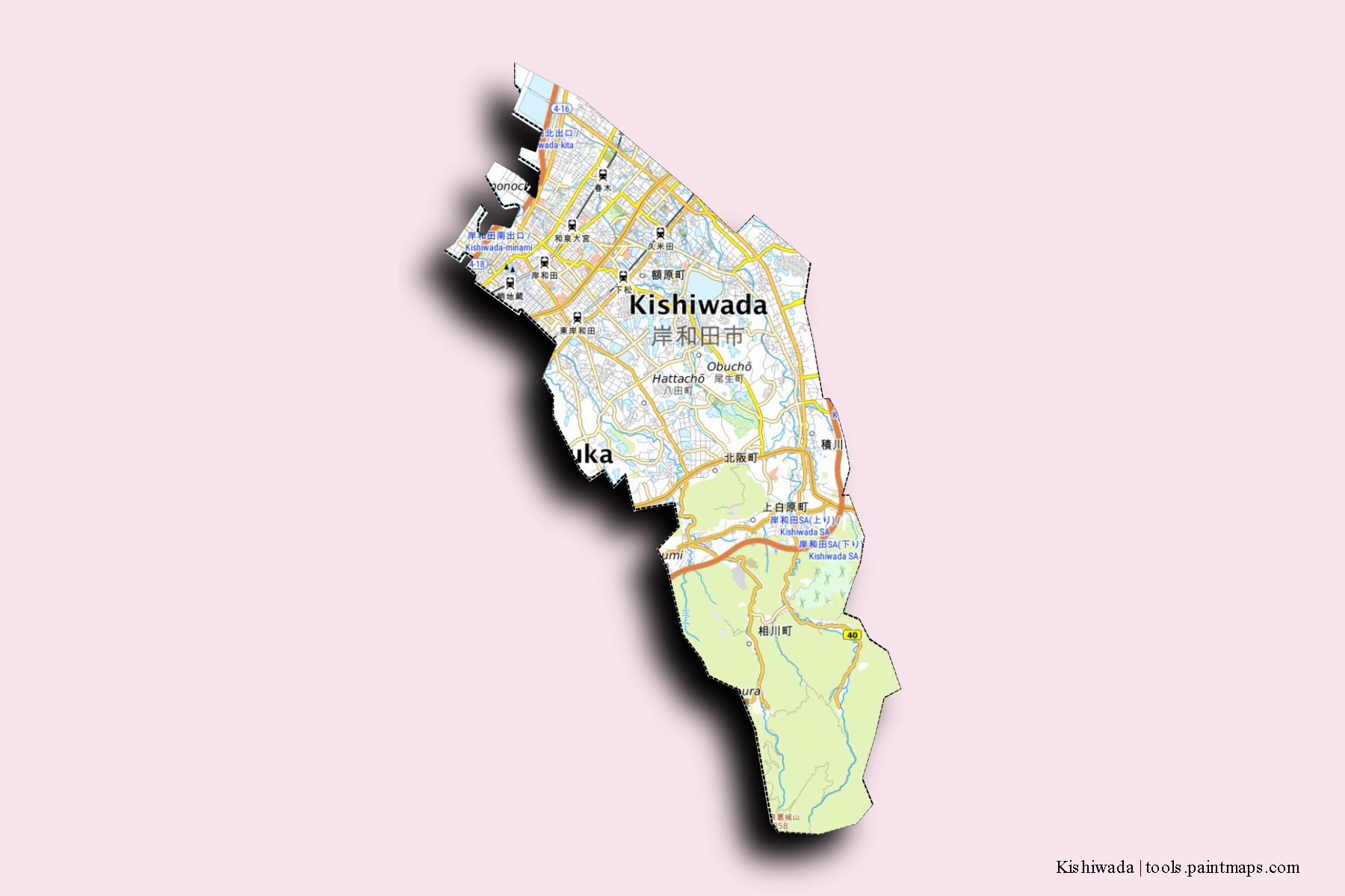 Kishiwada neighborhoods and villages map with 3D shadow effect