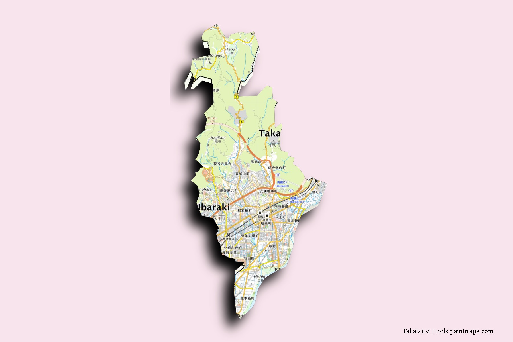 Mapa de barrios y pueblos de Takatsuki con efecto de sombra 3D