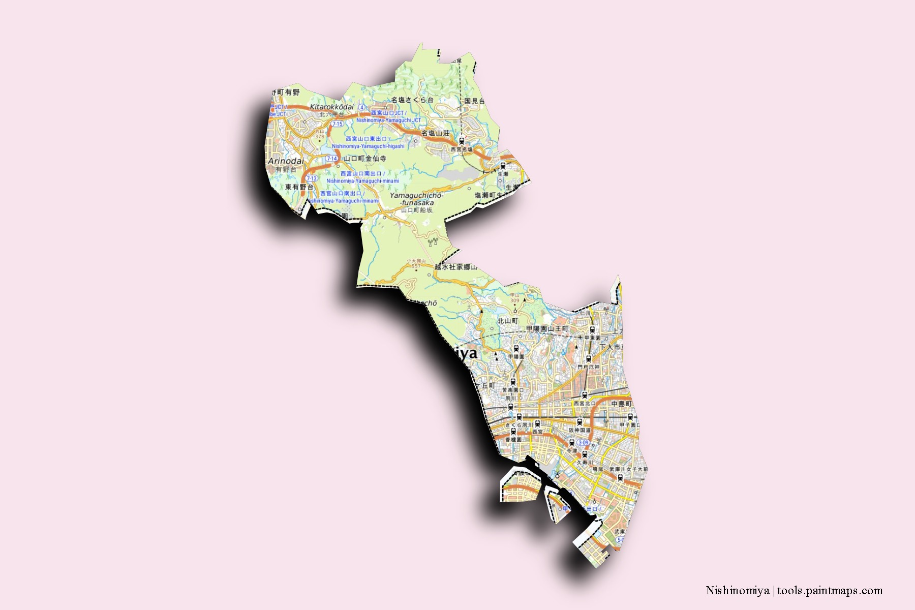 Mapa de barrios y pueblos de Nishinomiya con efecto de sombra 3D