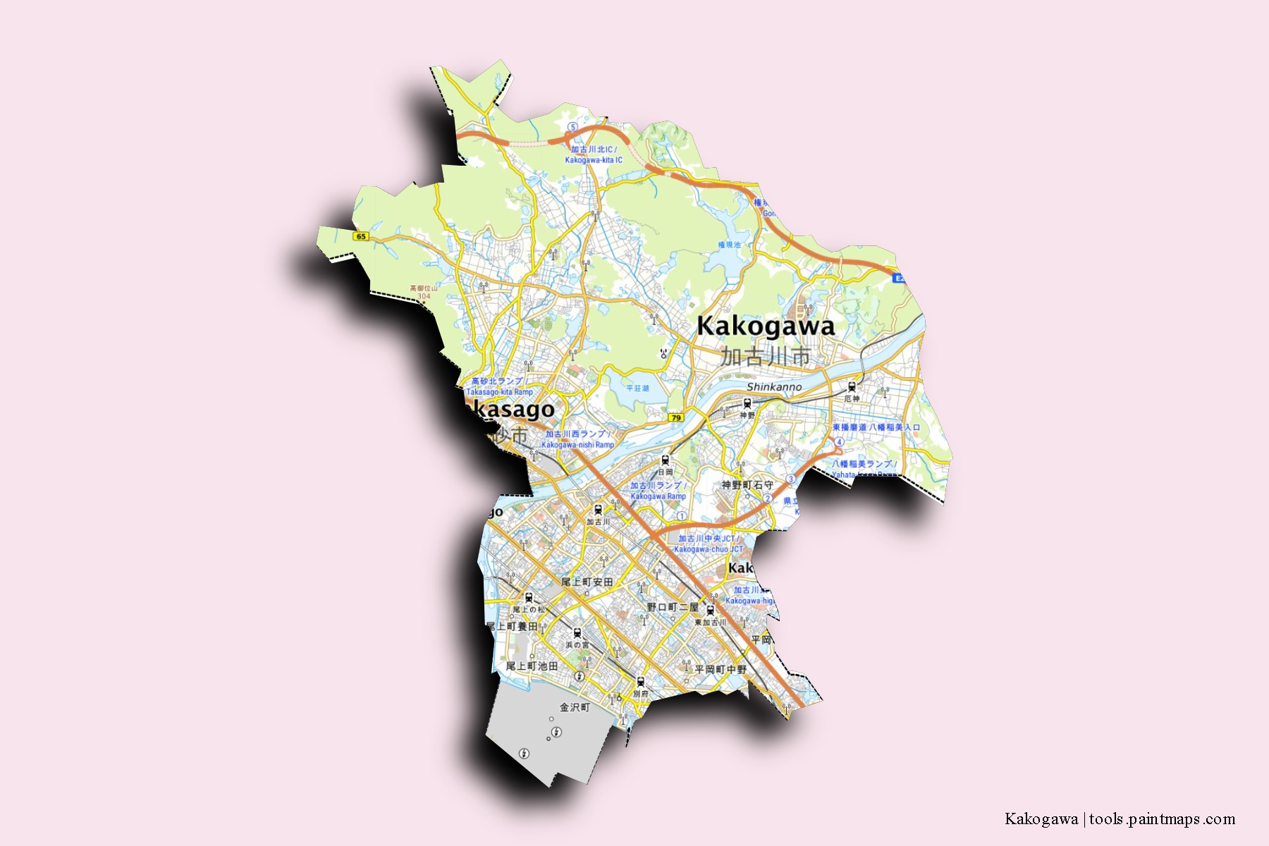 Kakogawa neighborhoods and villages map with 3D shadow effect