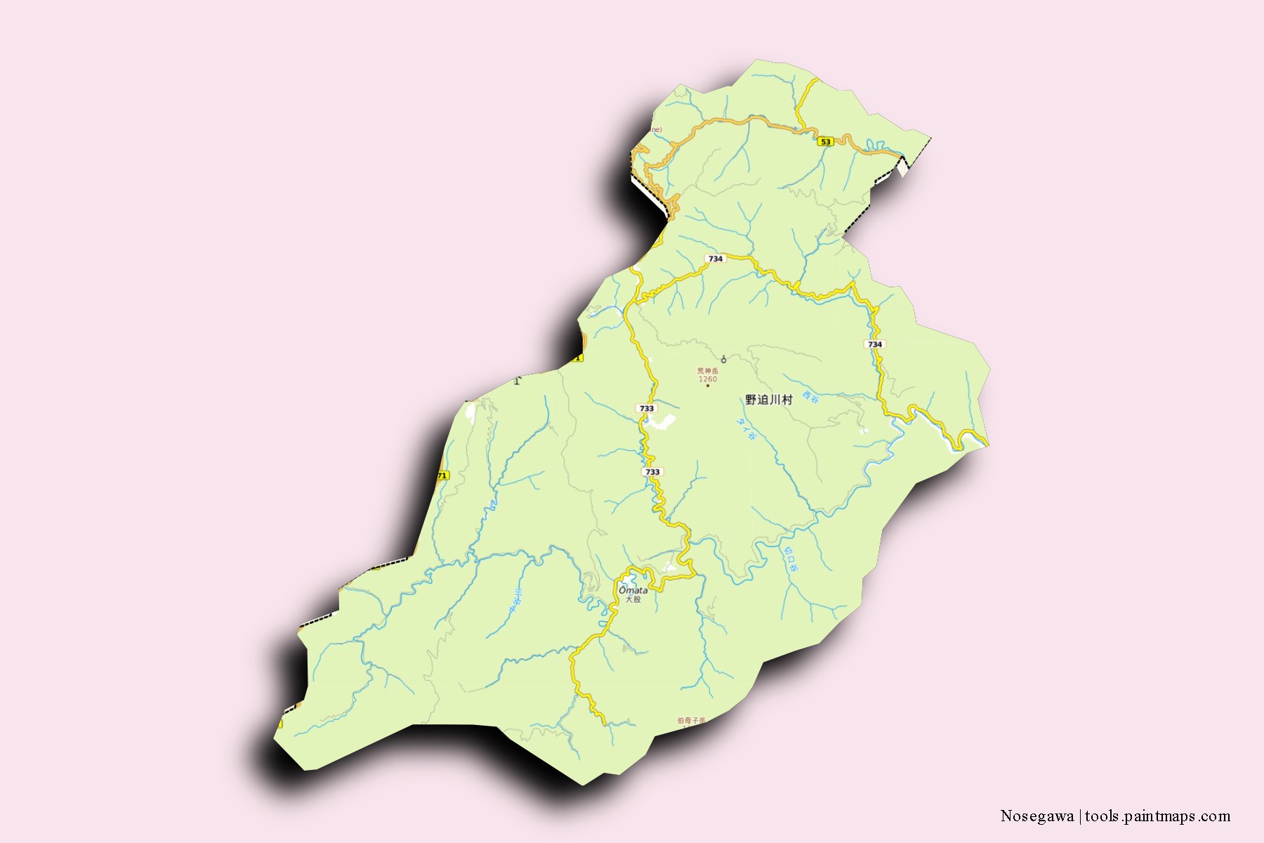 Mapa de barrios y pueblos de Nosegawa con efecto de sombra 3D