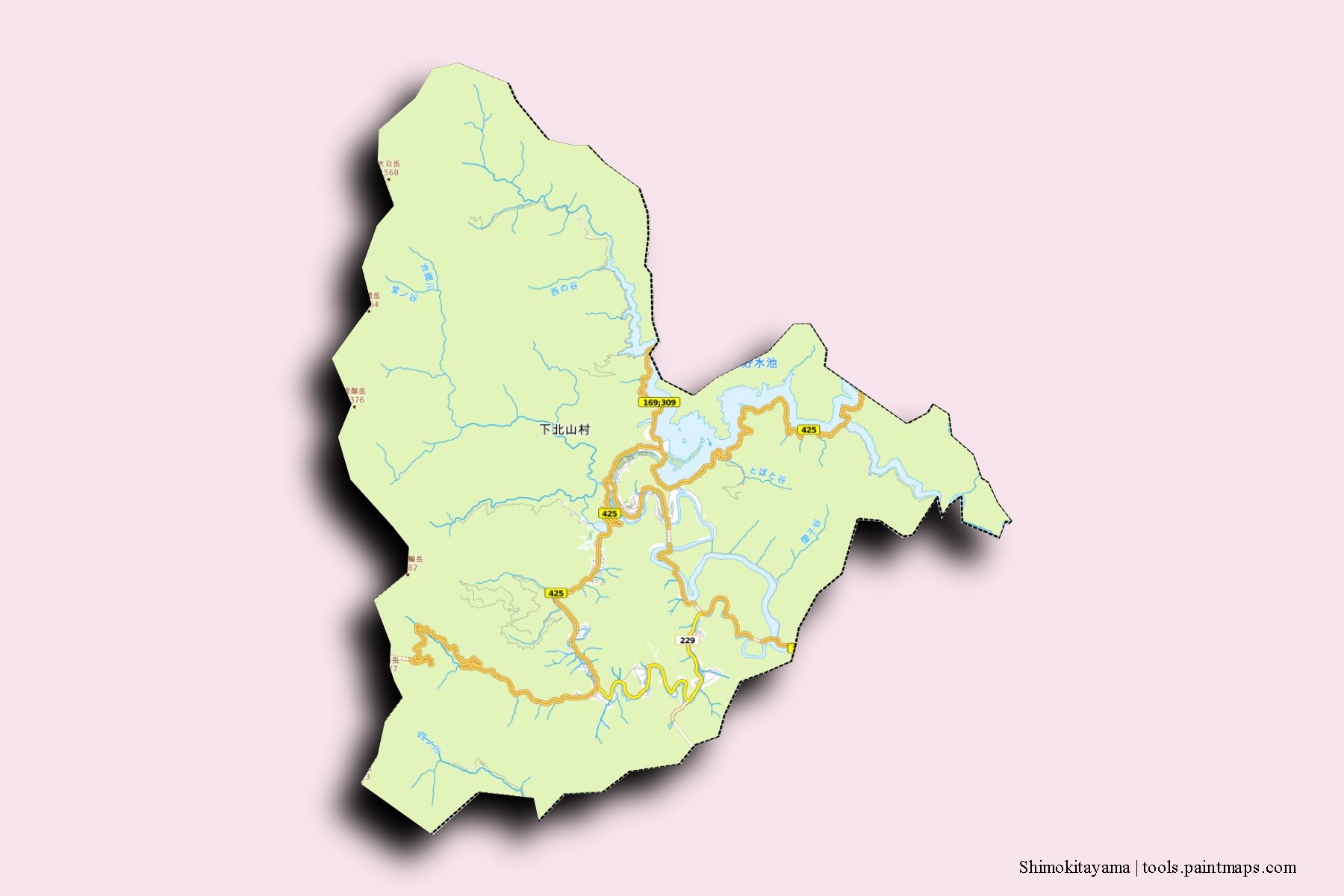 Mapa de barrios y pueblos de Shimokitayama con efecto de sombra 3D