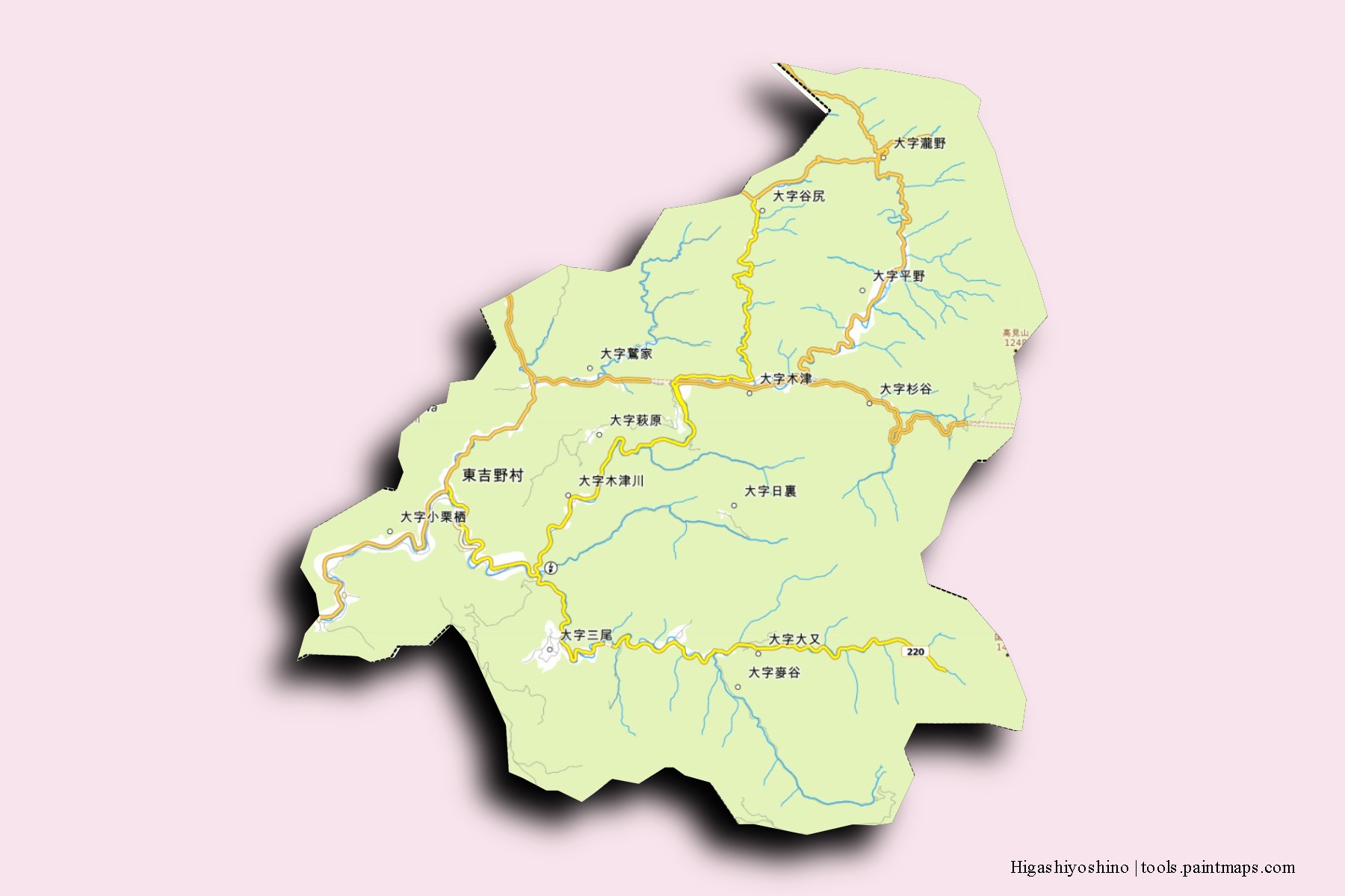 Mapa de barrios y pueblos de Higashiyoshino con efecto de sombra 3D