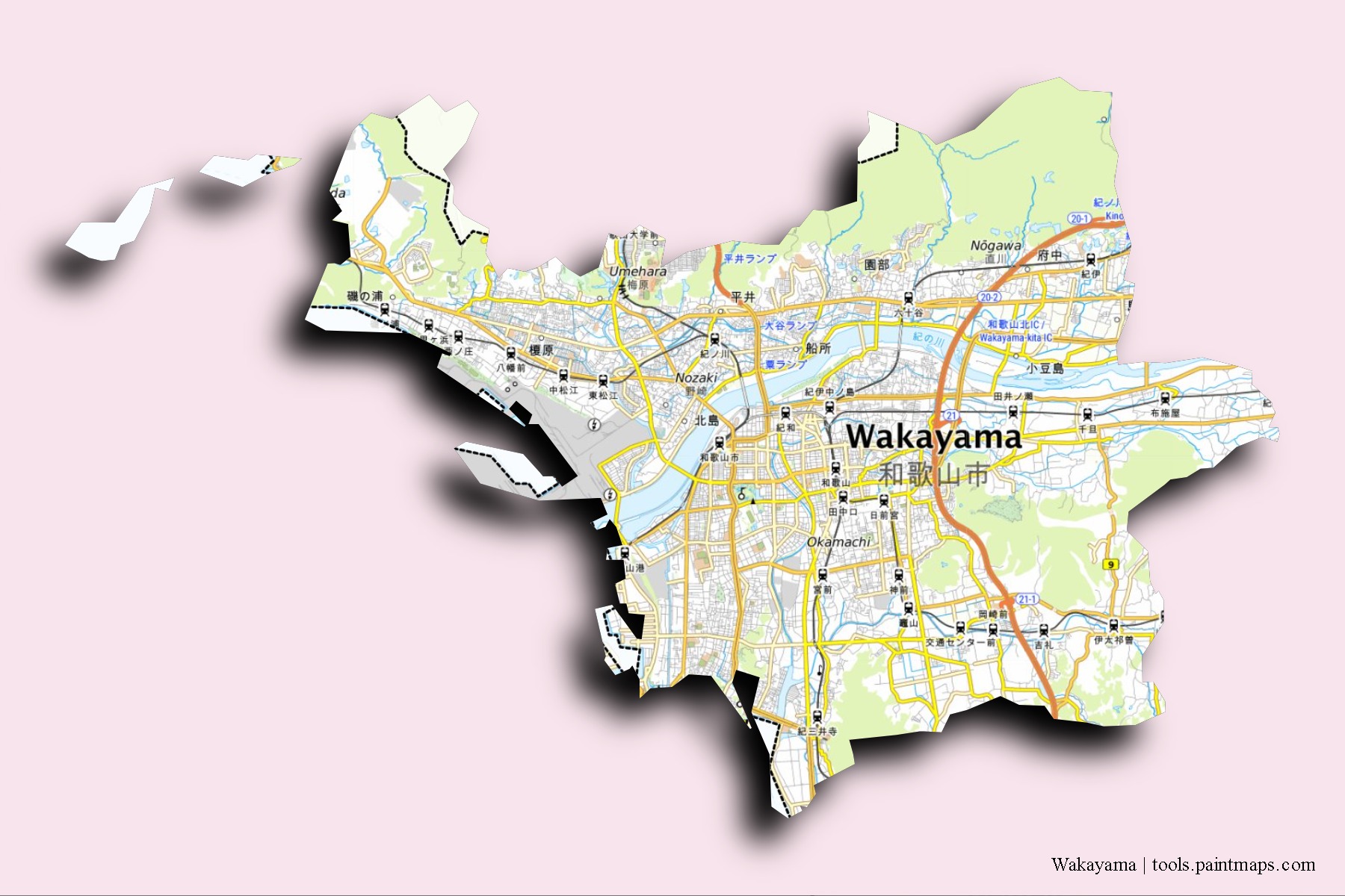 Wakayama neighborhoods and villages map with 3D shadow effect