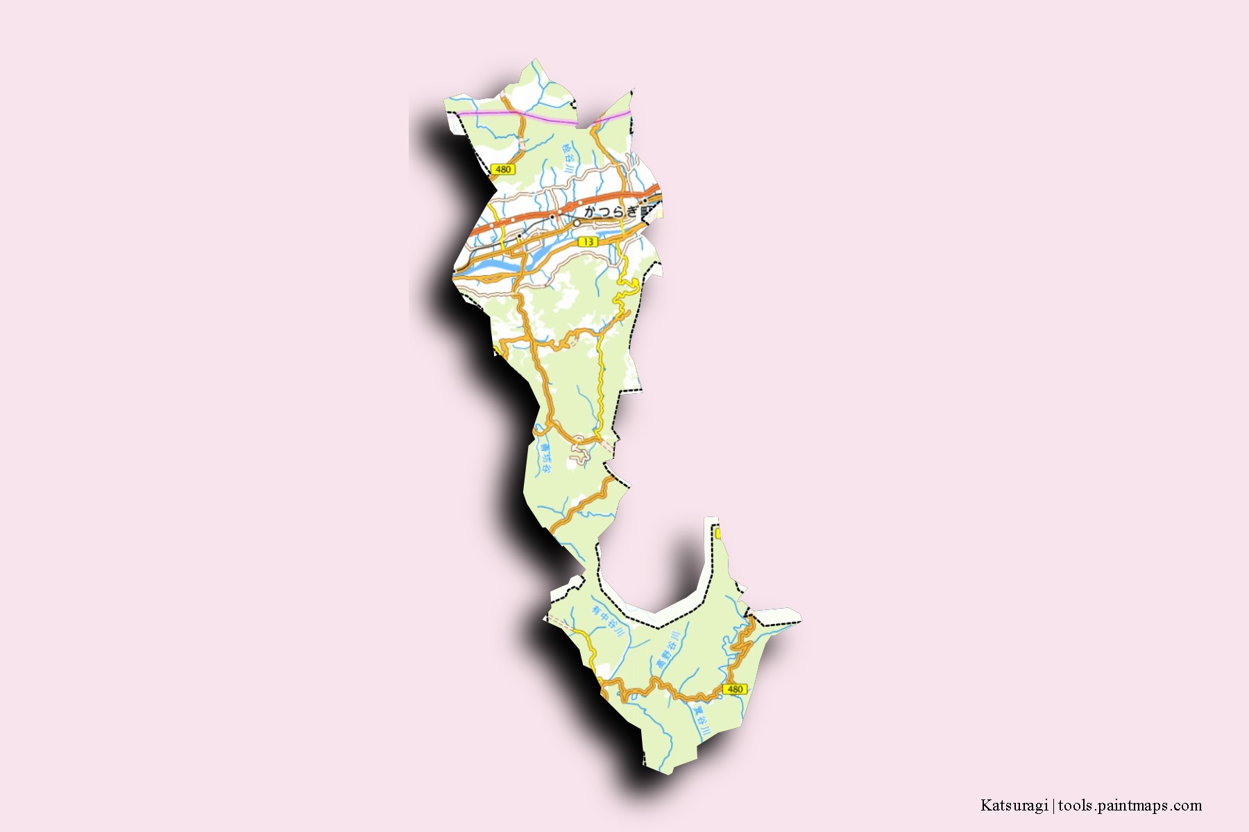 Mapa de barrios y pueblos de Katsuragi con efecto de sombra 3D