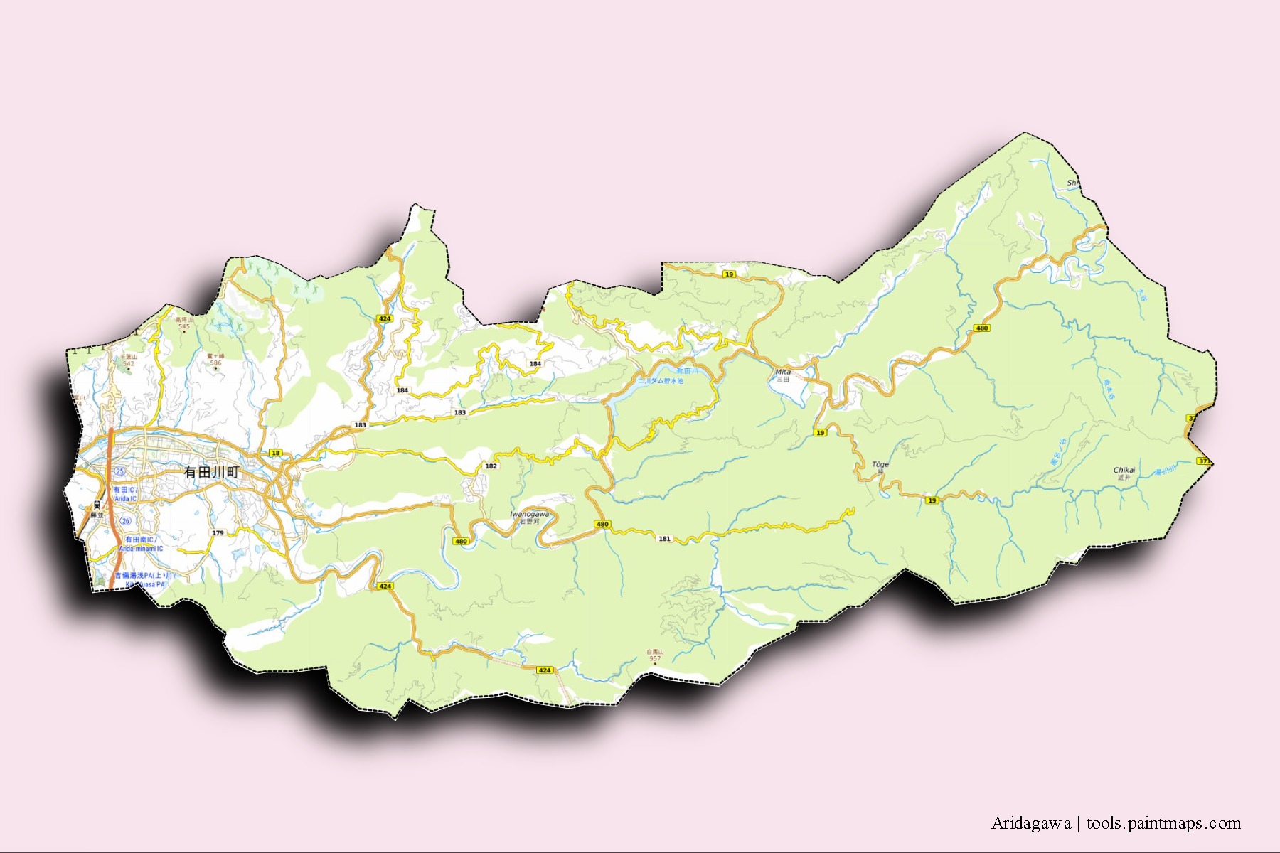 Mapa de barrios y pueblos de Aridagawa con efecto de sombra 3D