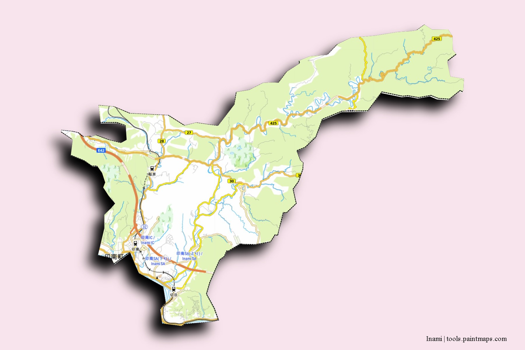 Mapa de barrios y pueblos de Inami con efecto de sombra 3D