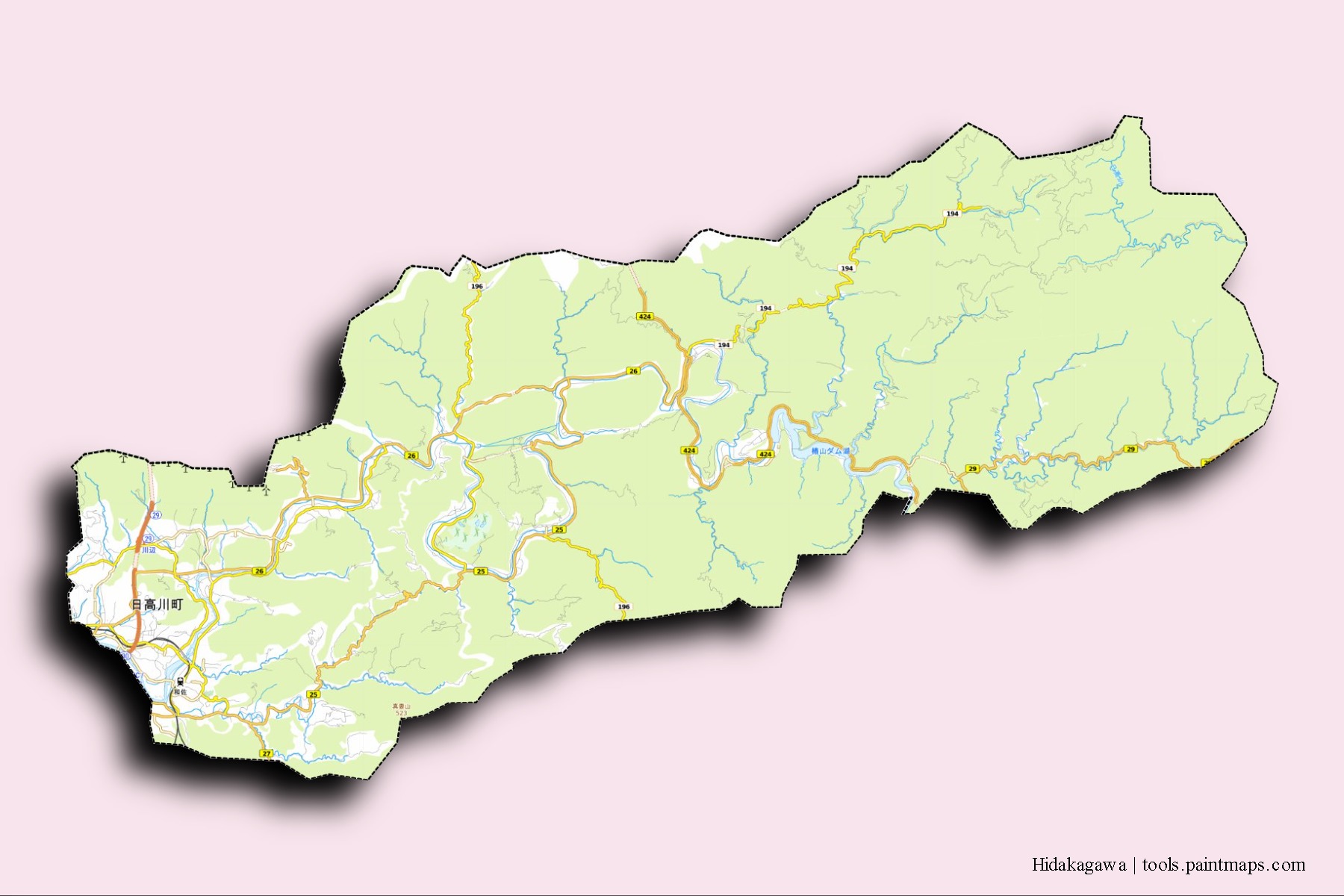 Mapa de barrios y pueblos de Hidakagawa con efecto de sombra 3D