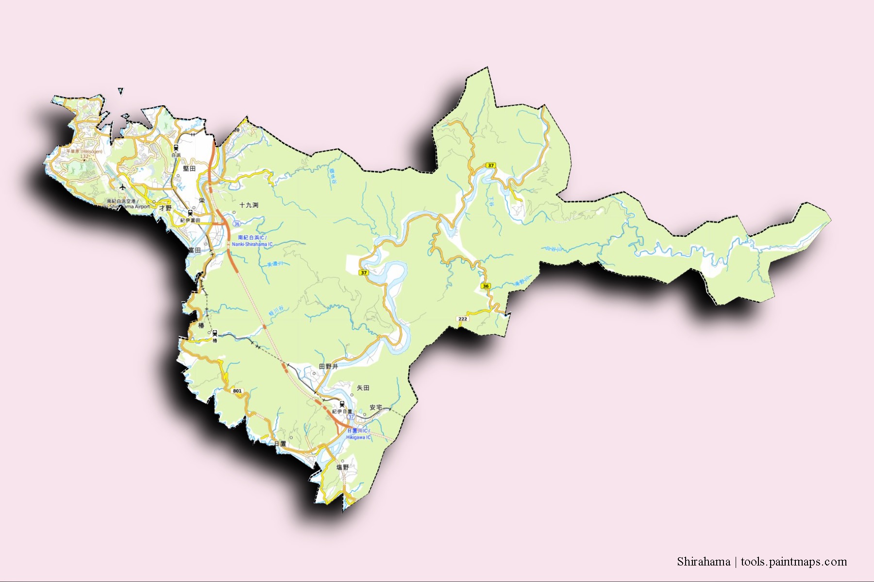 Shirahama neighborhoods and villages map with 3D shadow effect