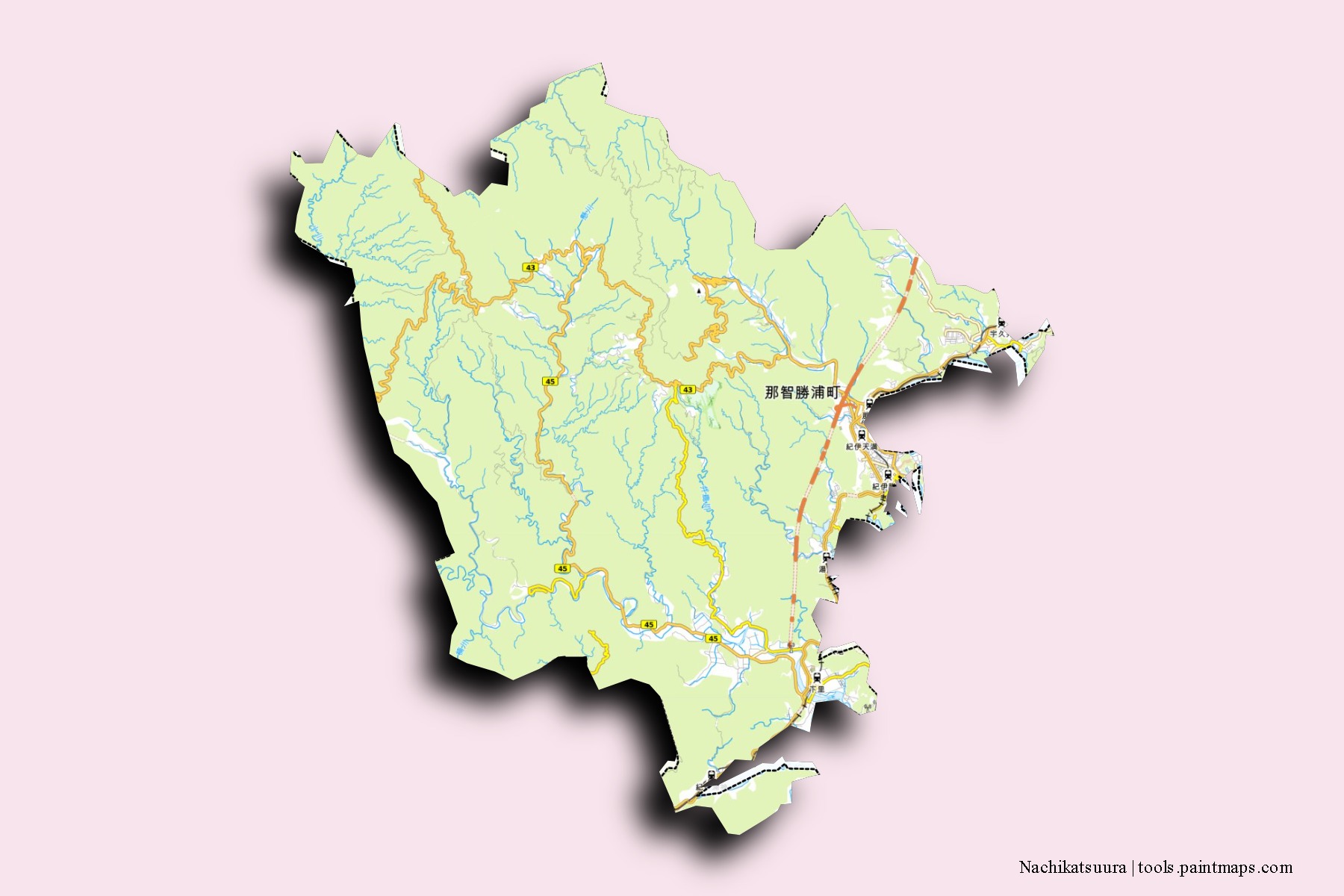 Mapa de barrios y pueblos de Nachikatsuura con efecto de sombra 3D