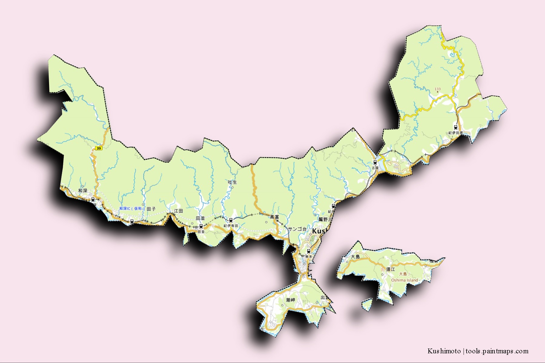 Kushimoto neighborhoods and villages map with 3D shadow effect