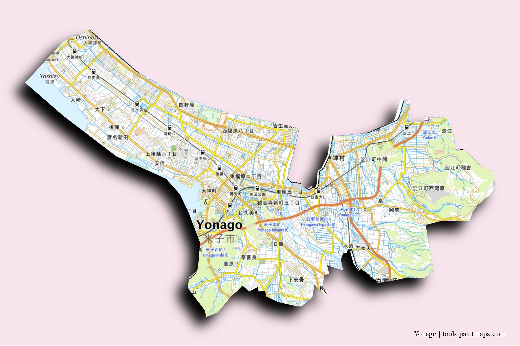 Yonago neighborhoods and villages map with 3D shadow effect