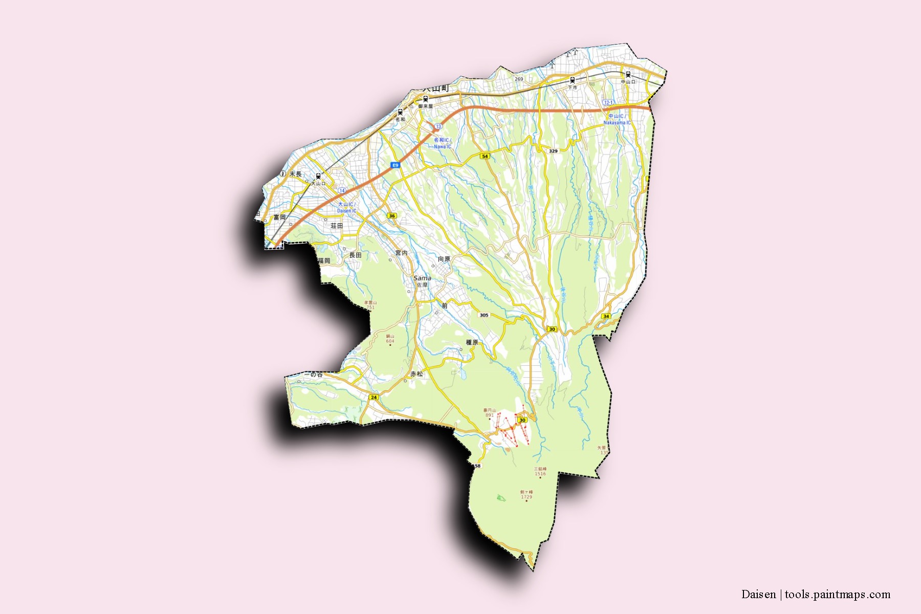 Daisen neighborhoods and villages map with 3D shadow effect