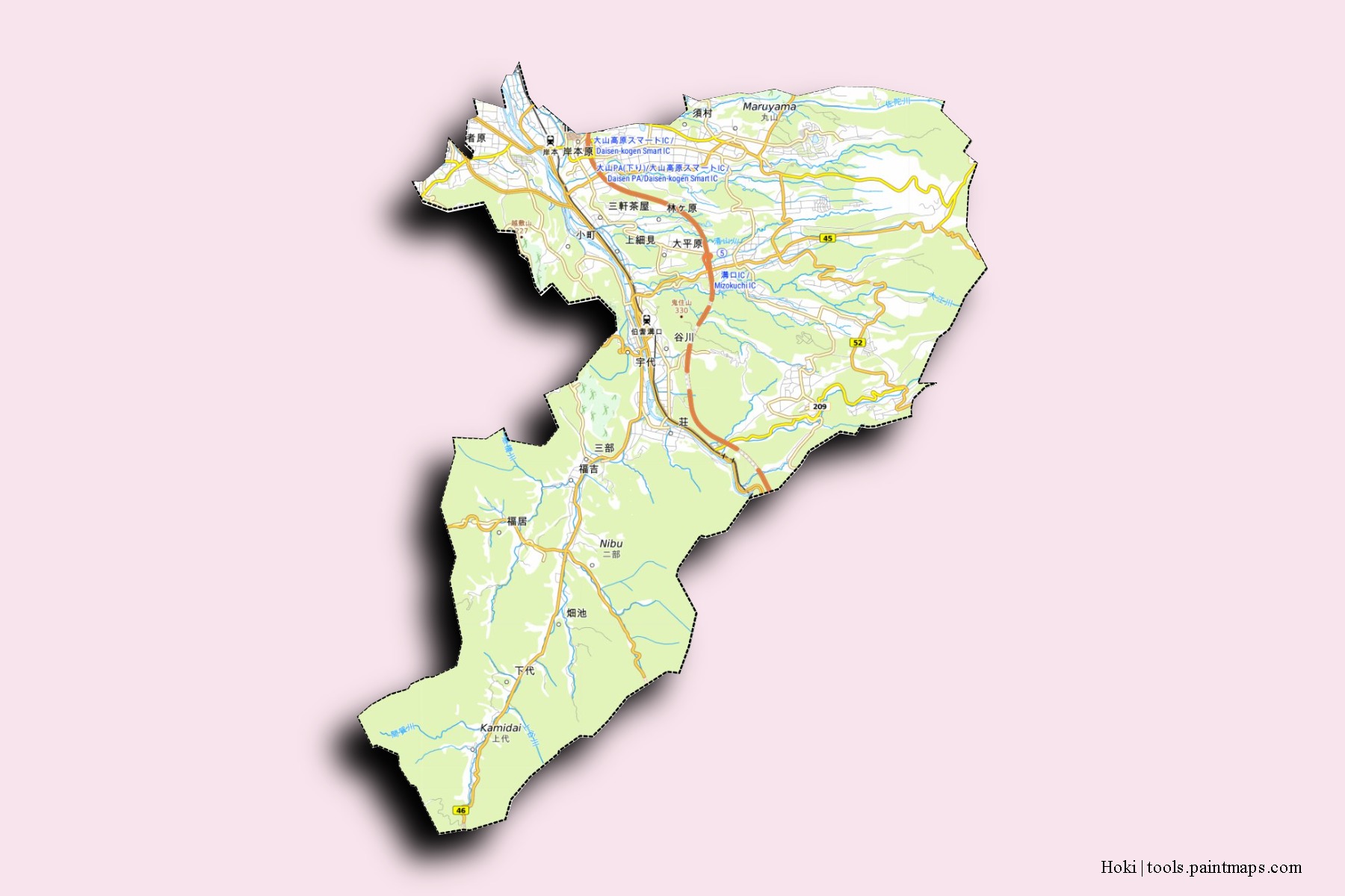 Mapa de barrios y pueblos de Hoki con efecto de sombra 3D