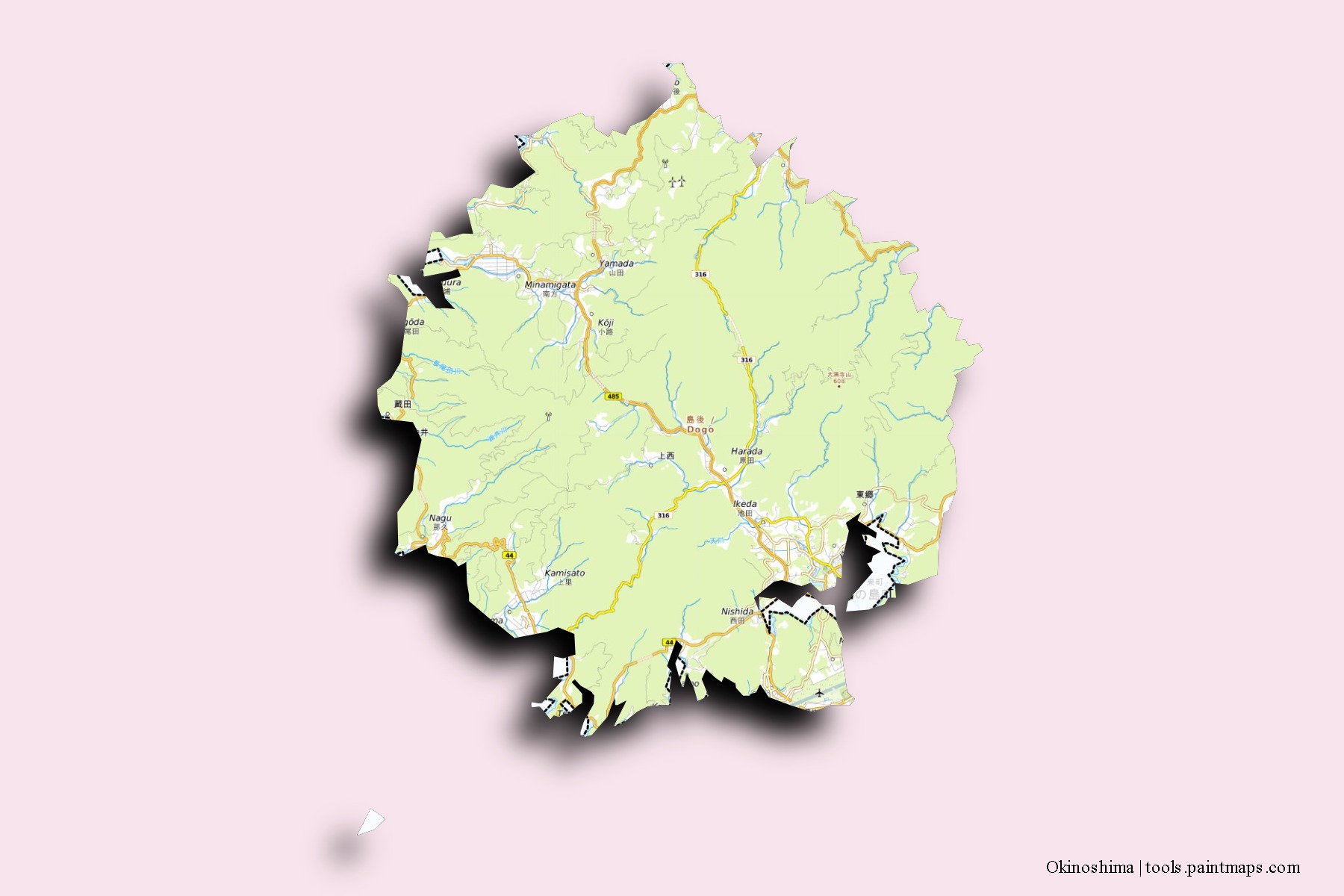 Mapa de barrios y pueblos de Okinoshima con efecto de sombra 3D