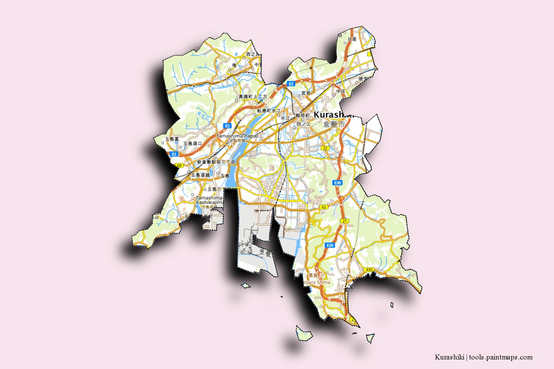 Kurashiki neighborhoods and villages map with 3D shadow effect