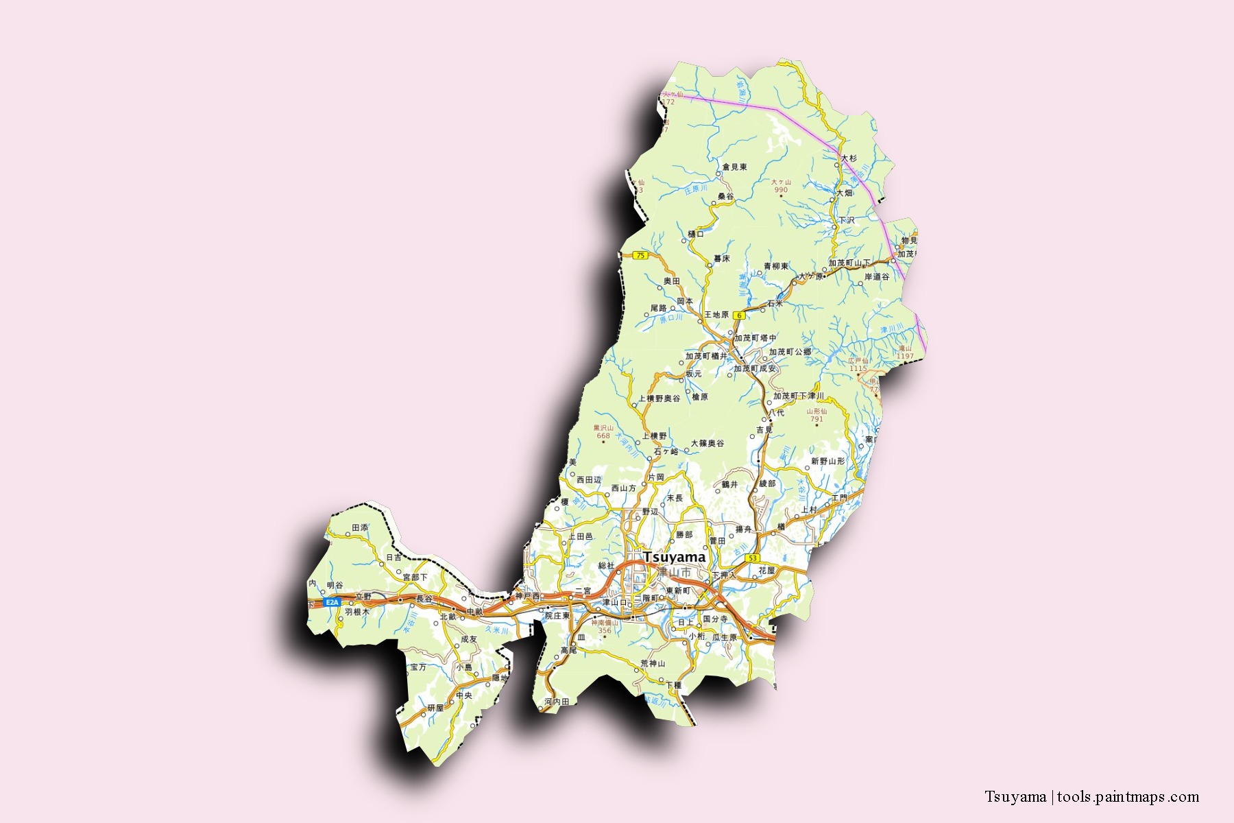 Mapa de barrios y pueblos de Tsuyama con efecto de sombra 3D