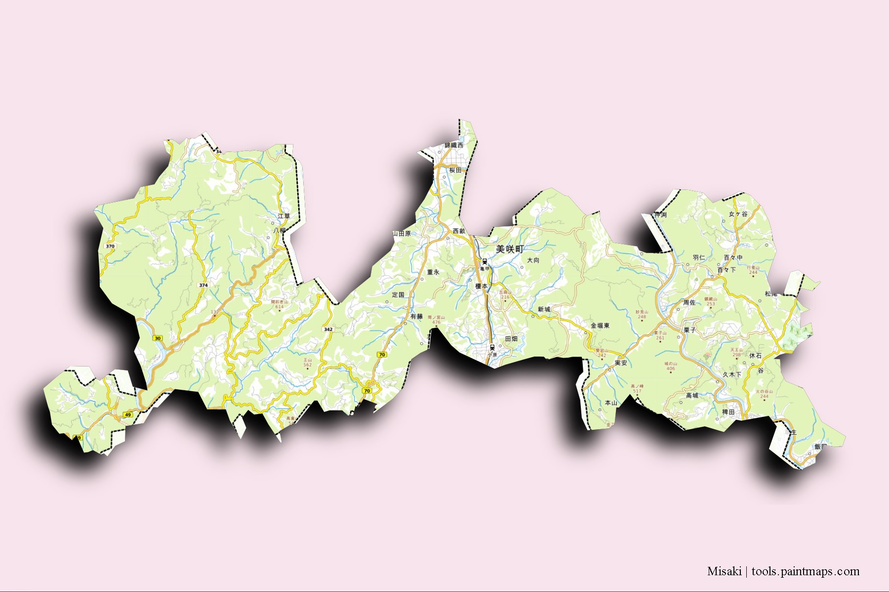 Mapa de barrios y pueblos de Misaki con efecto de sombra 3D