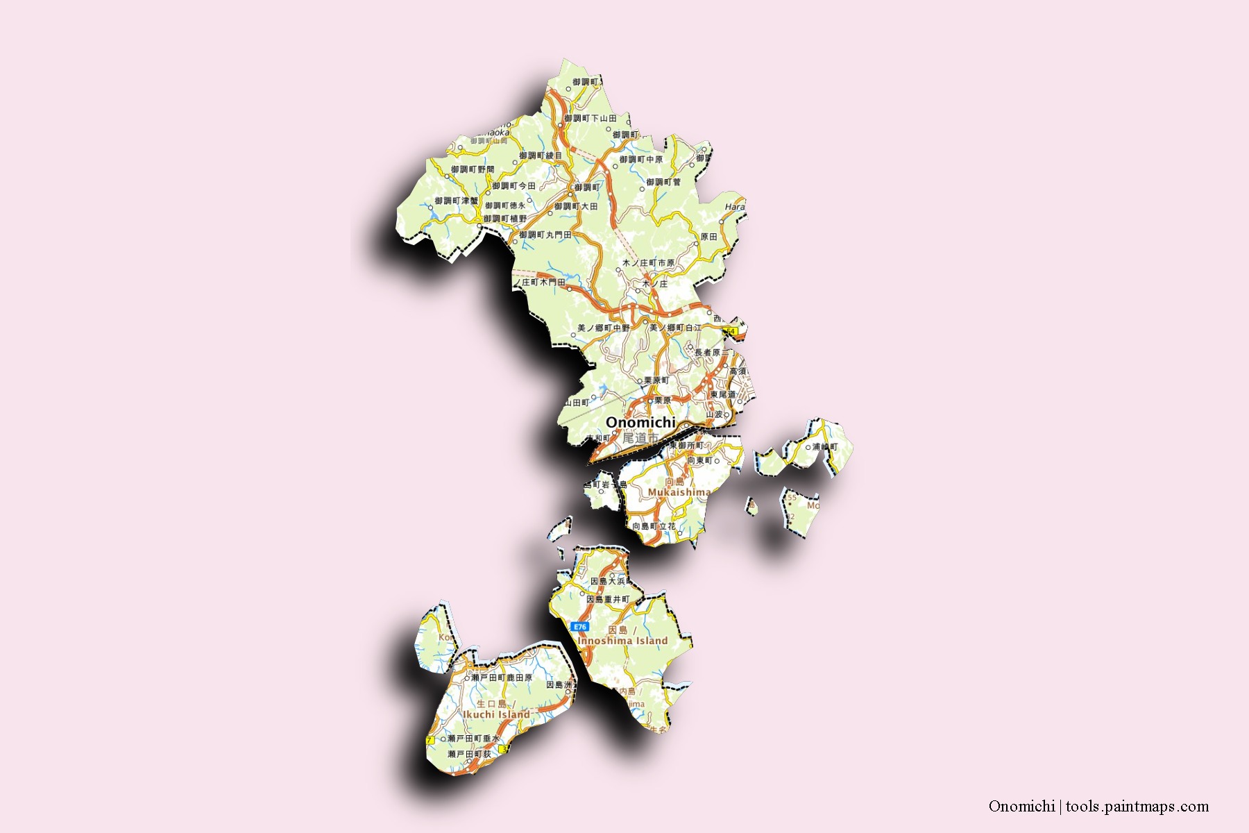 Mapa de barrios y pueblos de Onomichi con efecto de sombra 3D