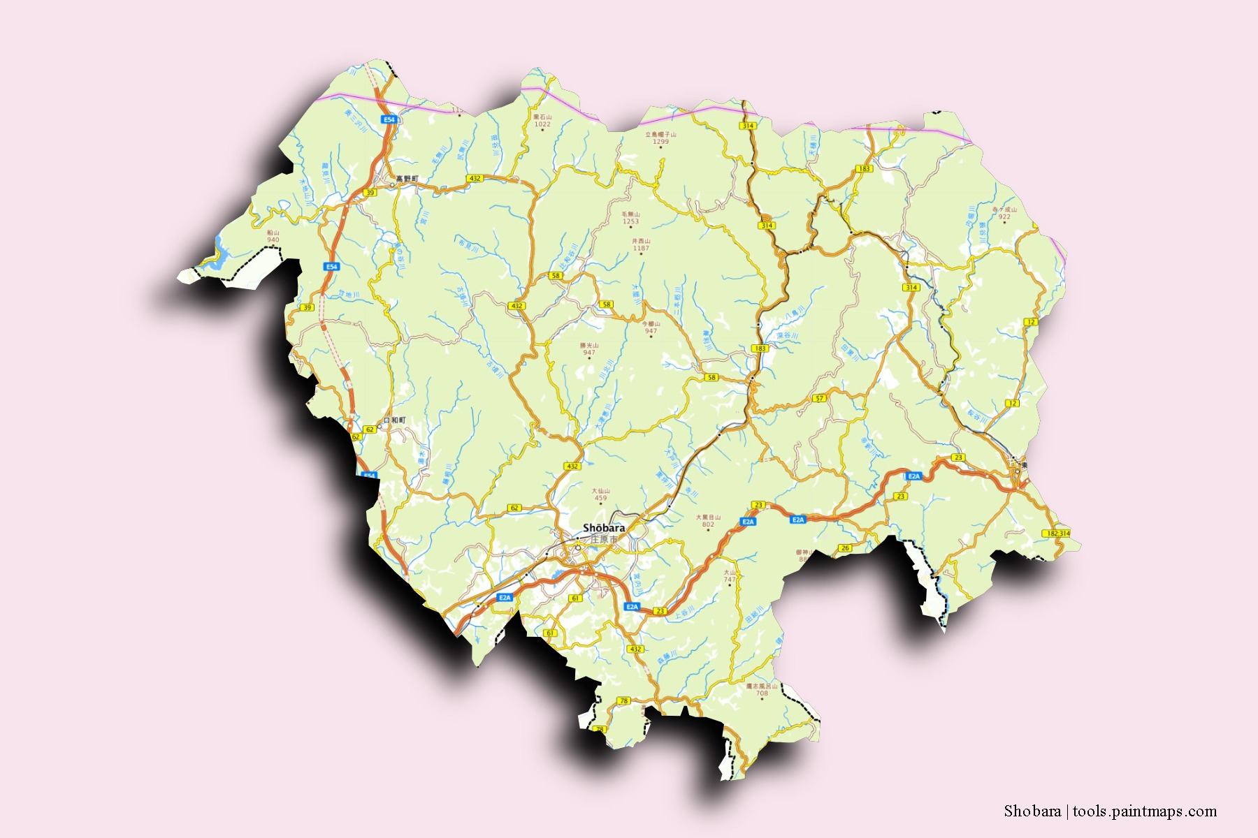 Mapa de barrios y pueblos de Shobara con efecto de sombra 3D