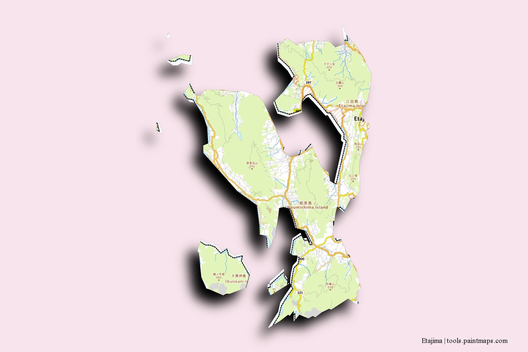 Etajima neighborhoods and villages map with 3D shadow effect