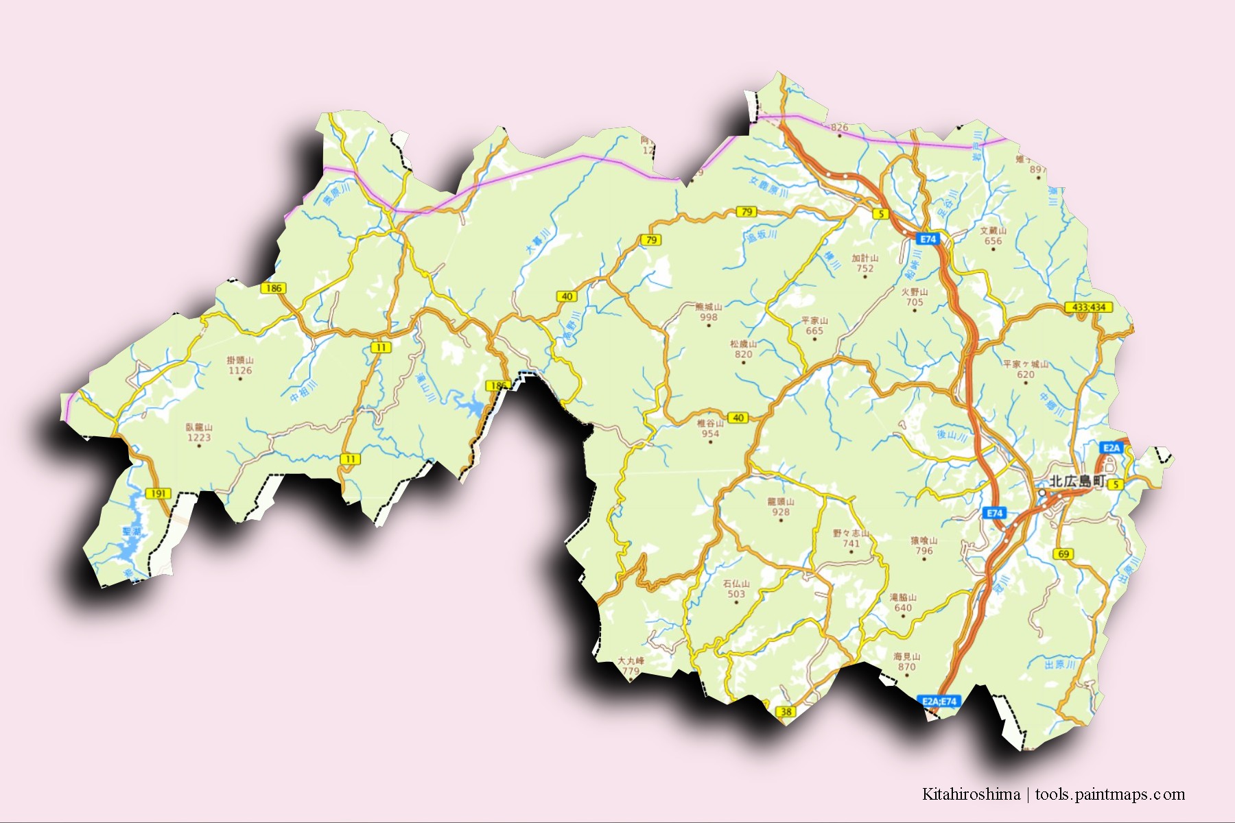 Kitahiroshima neighborhoods and villages map with 3D shadow effect