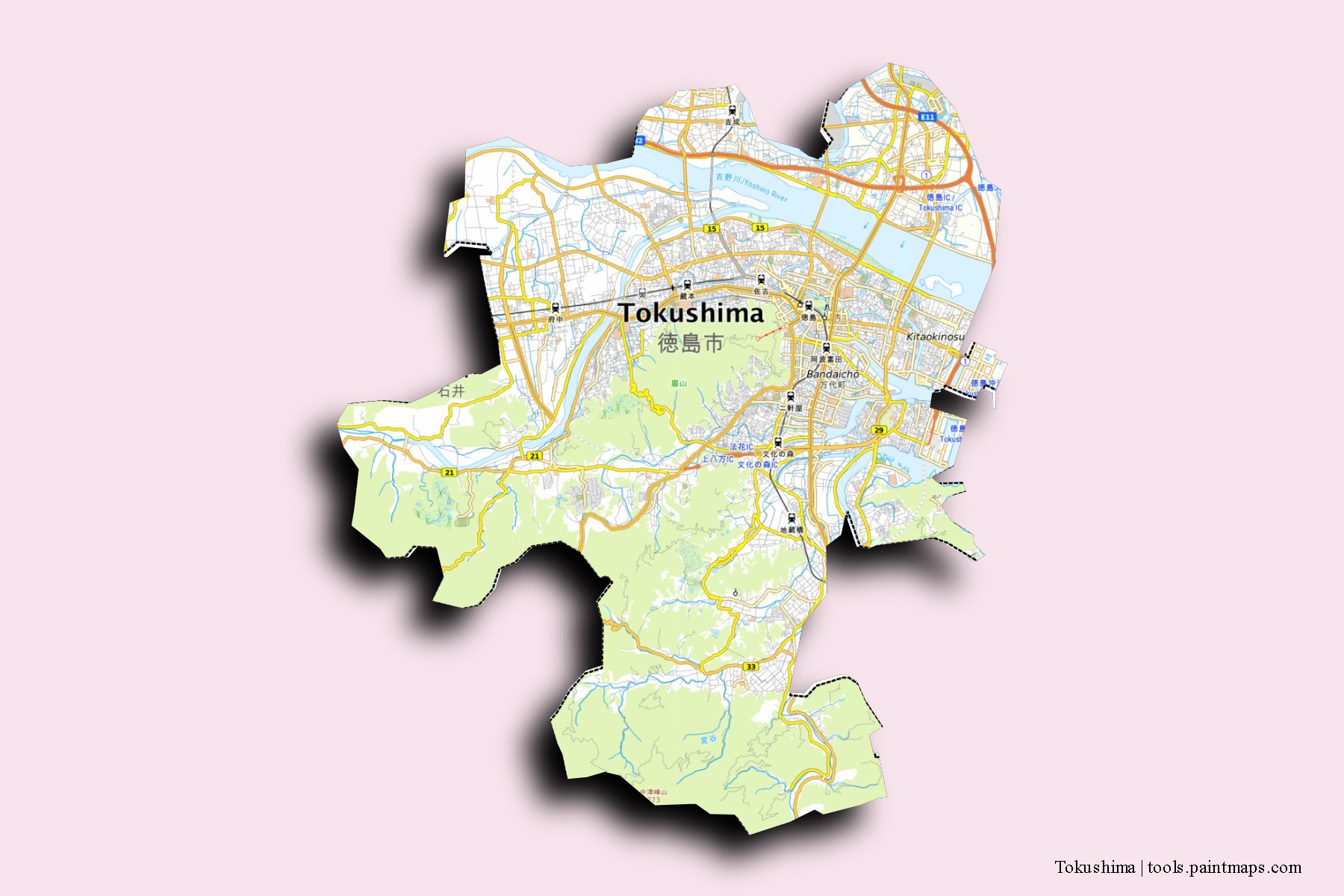 Mapa de barrios y pueblos de Tokushima con efecto de sombra 3D