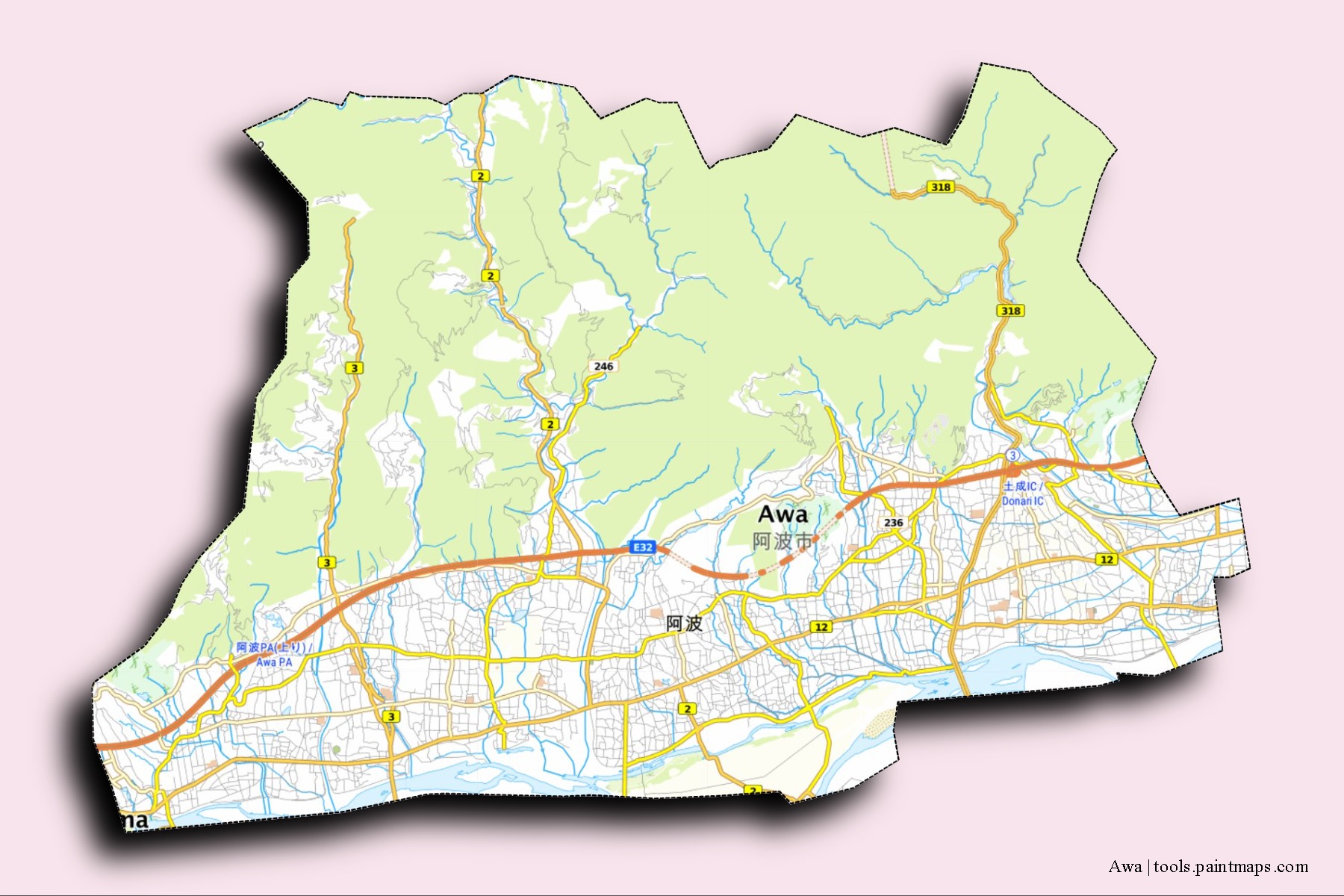 Mapa de barrios y pueblos de Awa con efecto de sombra 3D