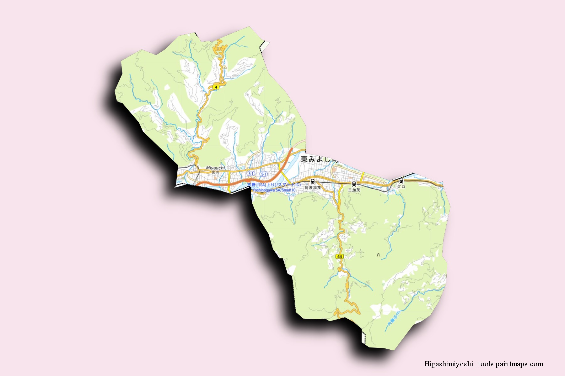 Mapa de barrios y pueblos de Higashimiyoshi con efecto de sombra 3D