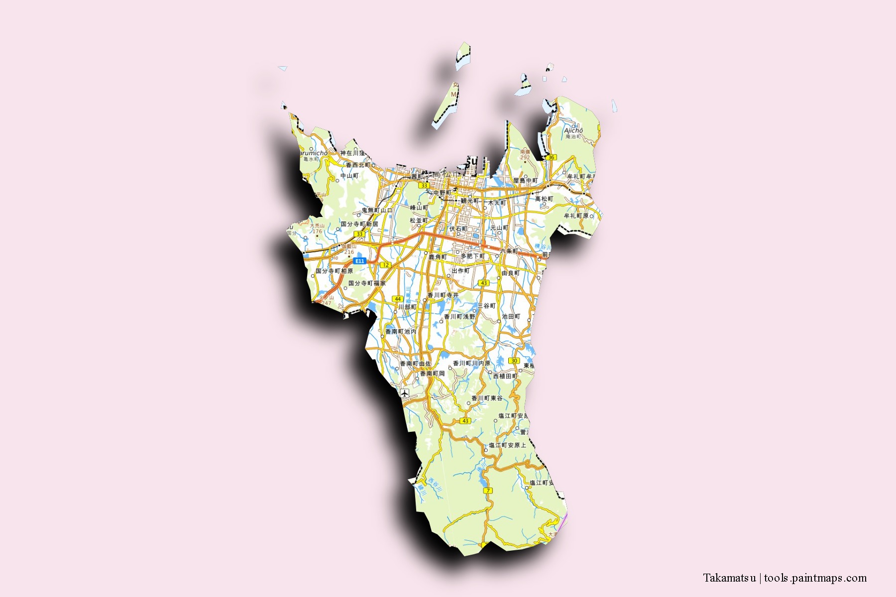 Takamatsu neighborhoods and villages map with 3D shadow effect