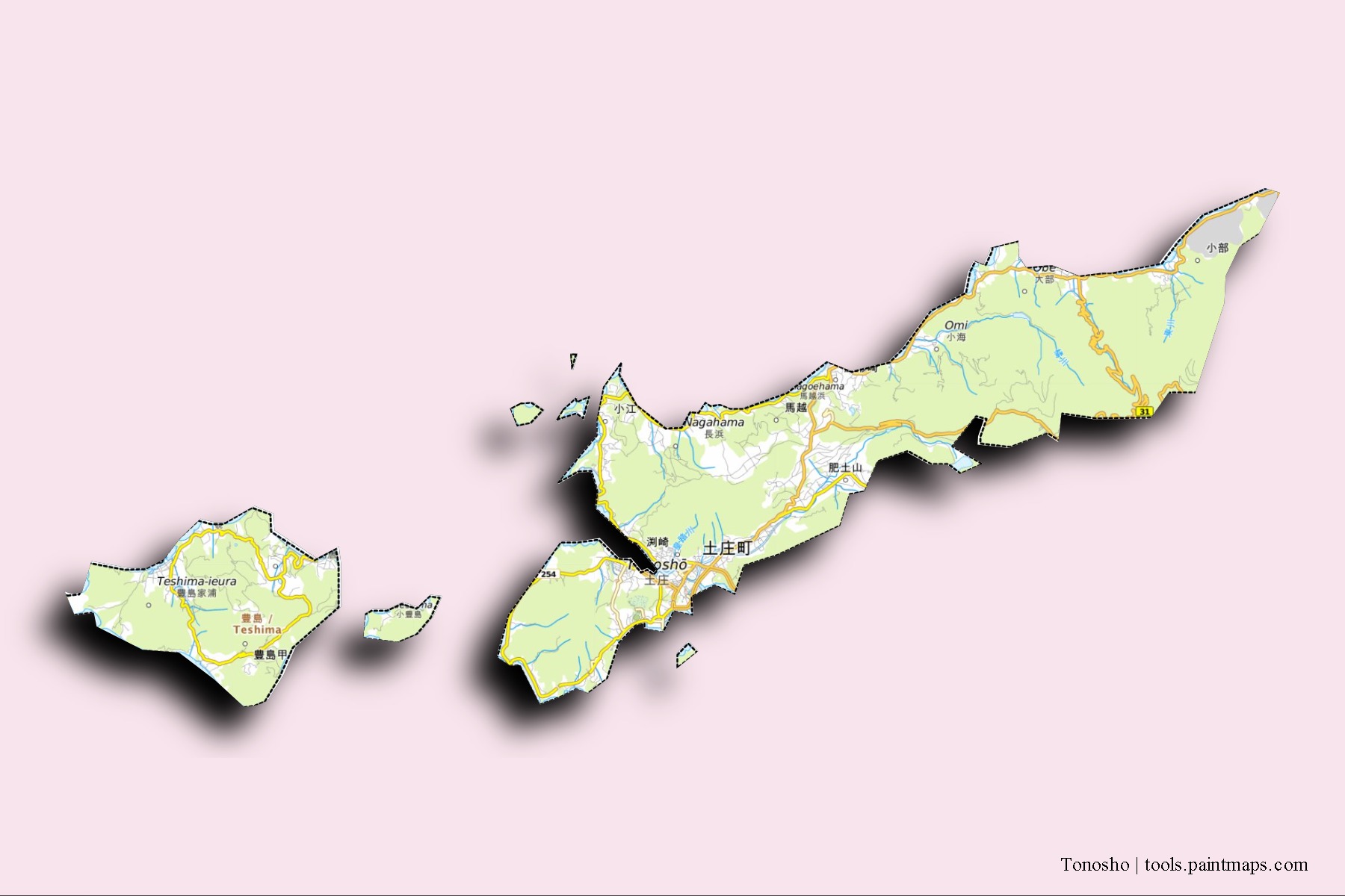 Tonosho neighborhoods and villages map with 3D shadow effect