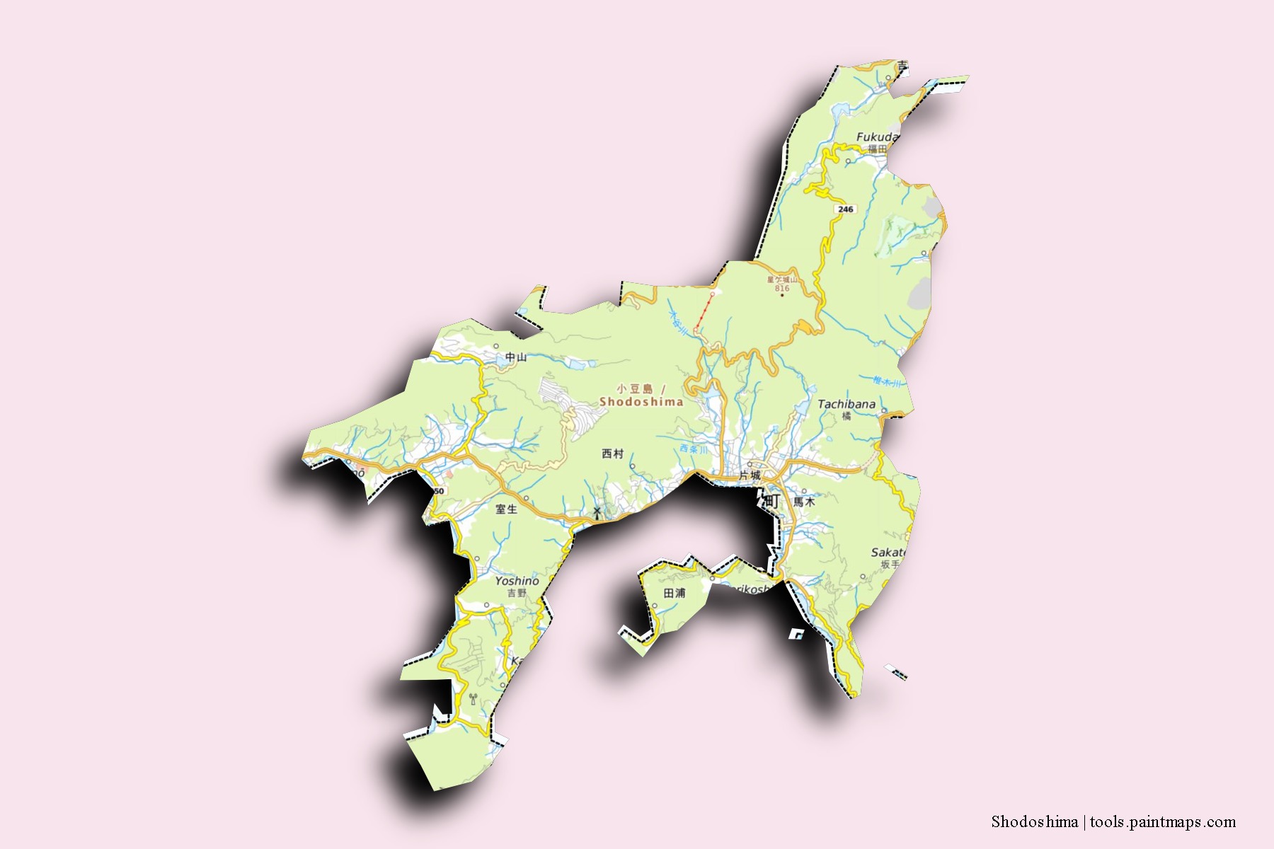 Mapa de barrios y pueblos de Shodoshima con efecto de sombra 3D