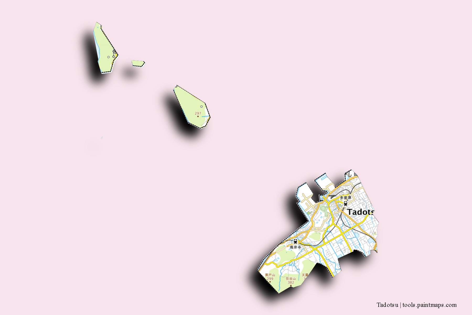 Mapa de barrios y pueblos de Tadotsu con efecto de sombra 3D