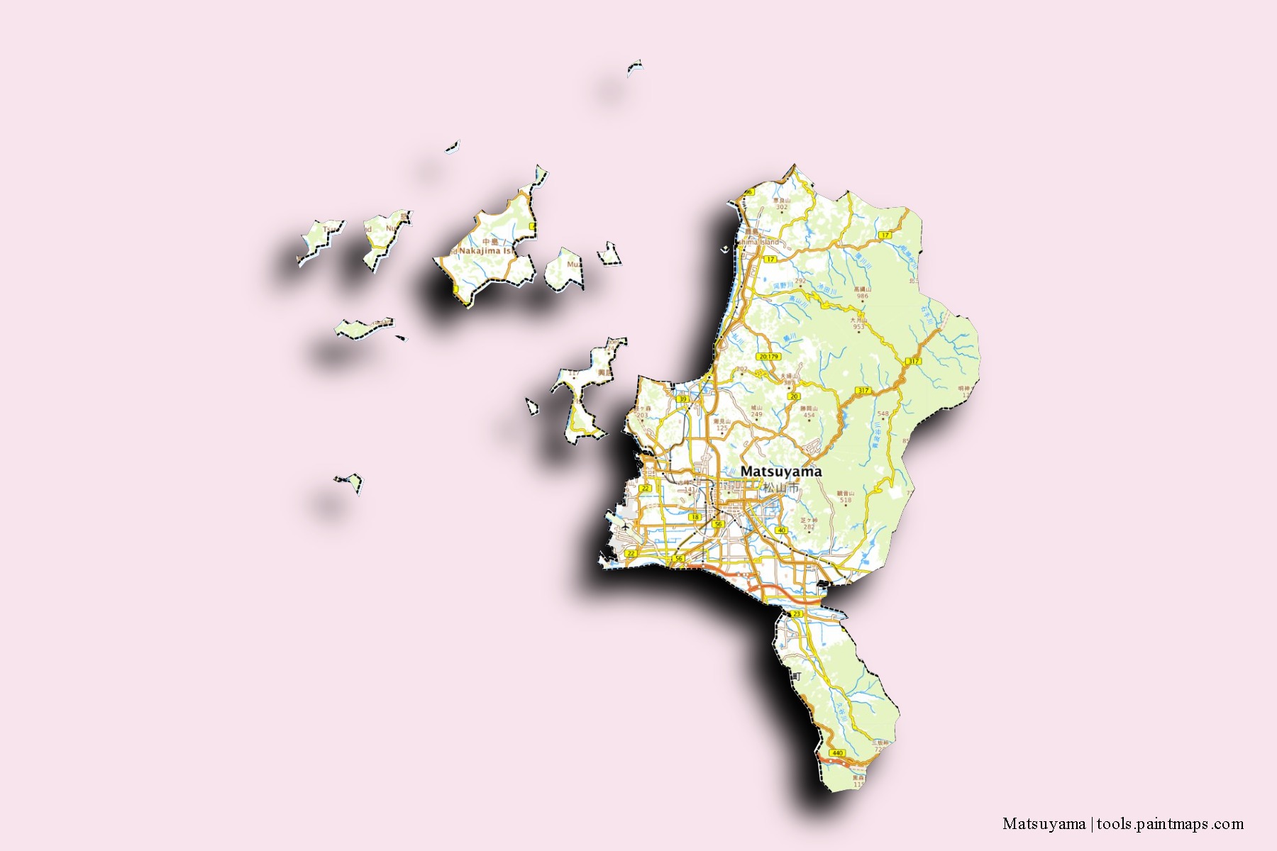 Mapa de barrios y pueblos de Matsuyama con efecto de sombra 3D