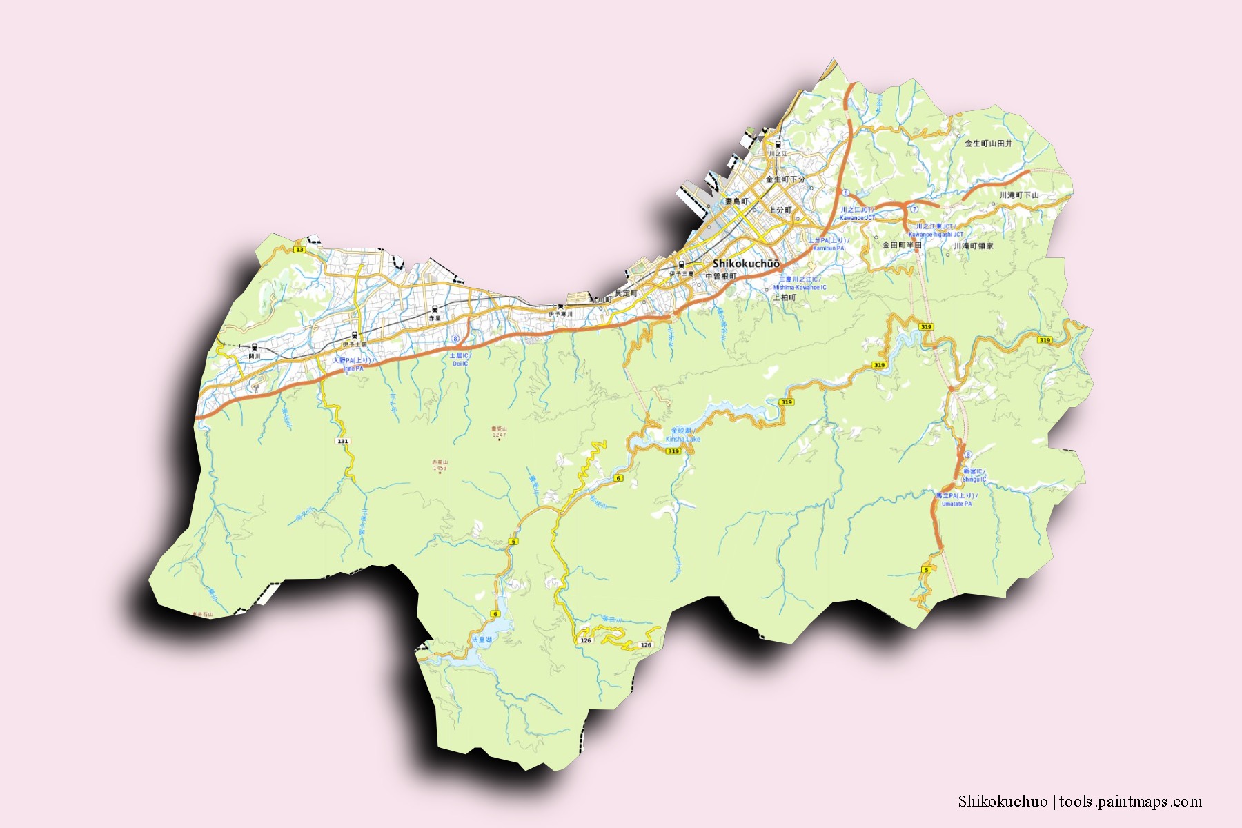 Mapa de barrios y pueblos de Shikokuchuo con efecto de sombra 3D