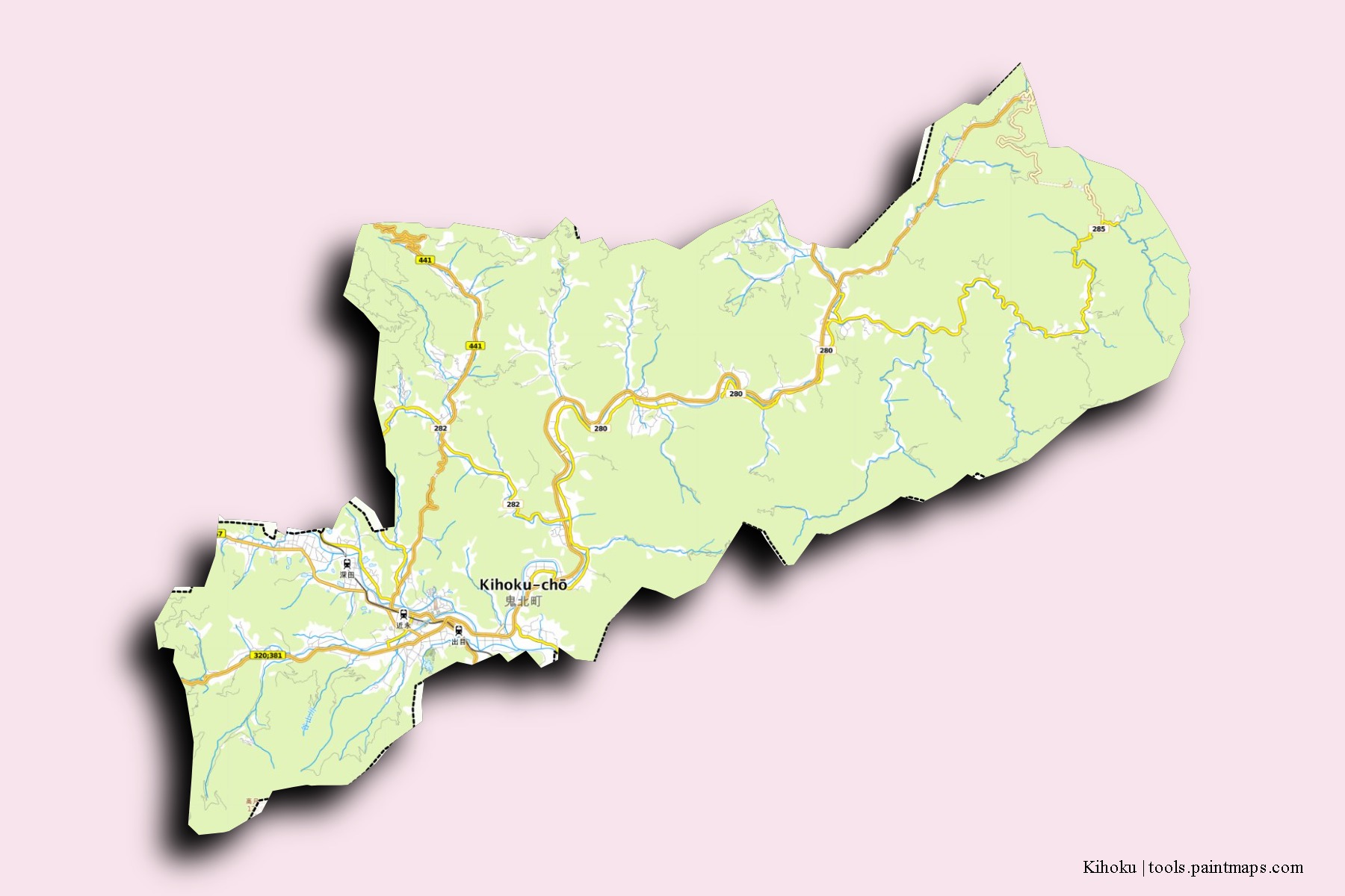 Mapa de barrios y pueblos de Kihoku con efecto de sombra 3D