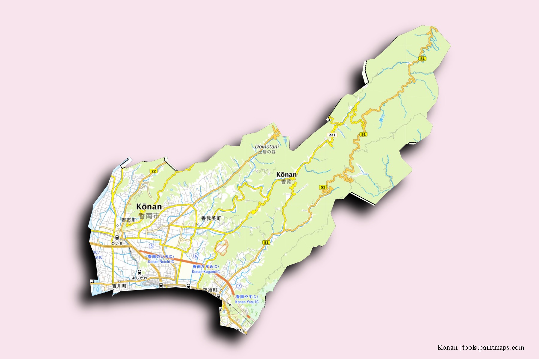 Mapa de barrios y pueblos de Konan con efecto de sombra 3D