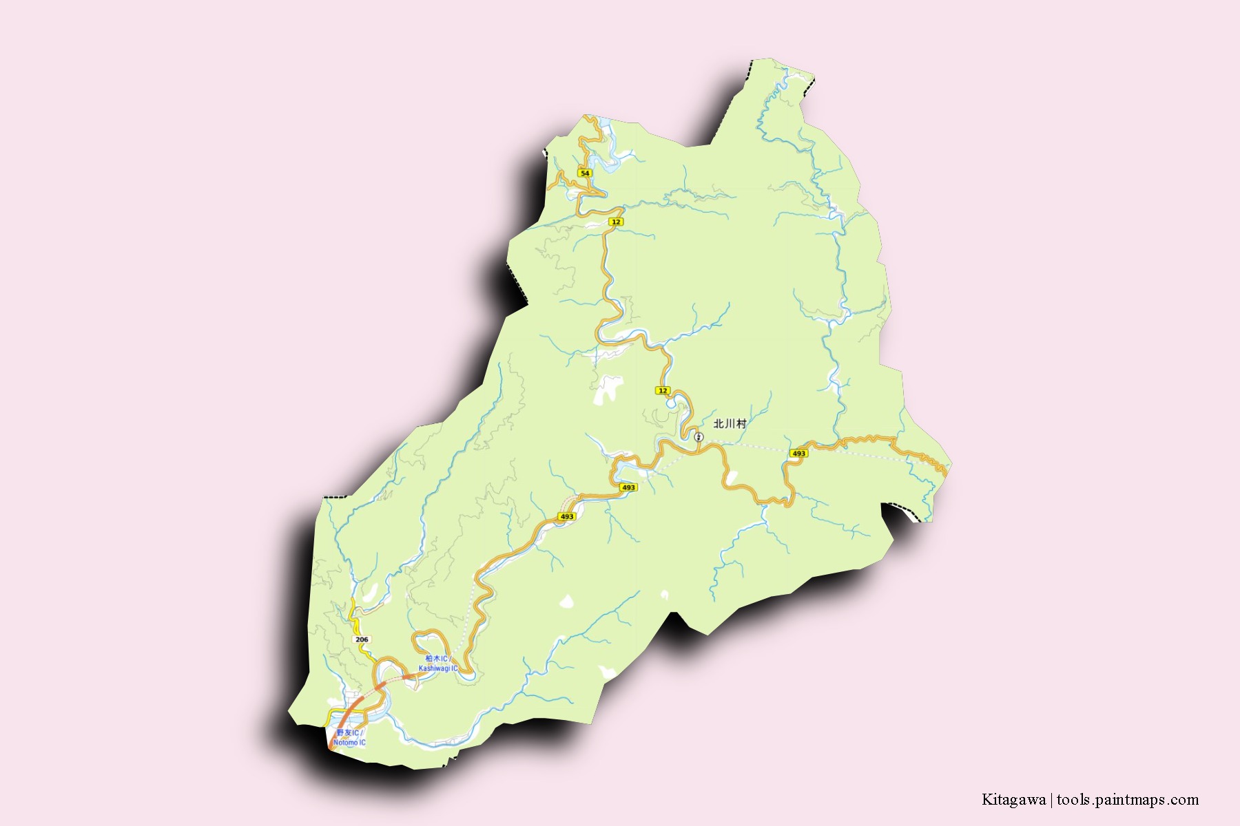 Mapa de barrios y pueblos de Kitagawa con efecto de sombra 3D