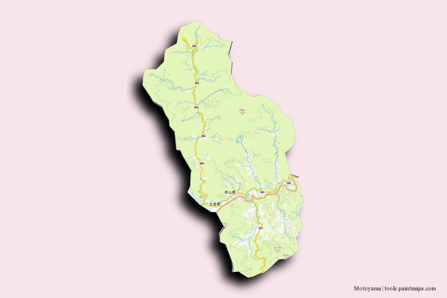 Mapa de barrios y pueblos de Motoyama con efecto de sombra 3D