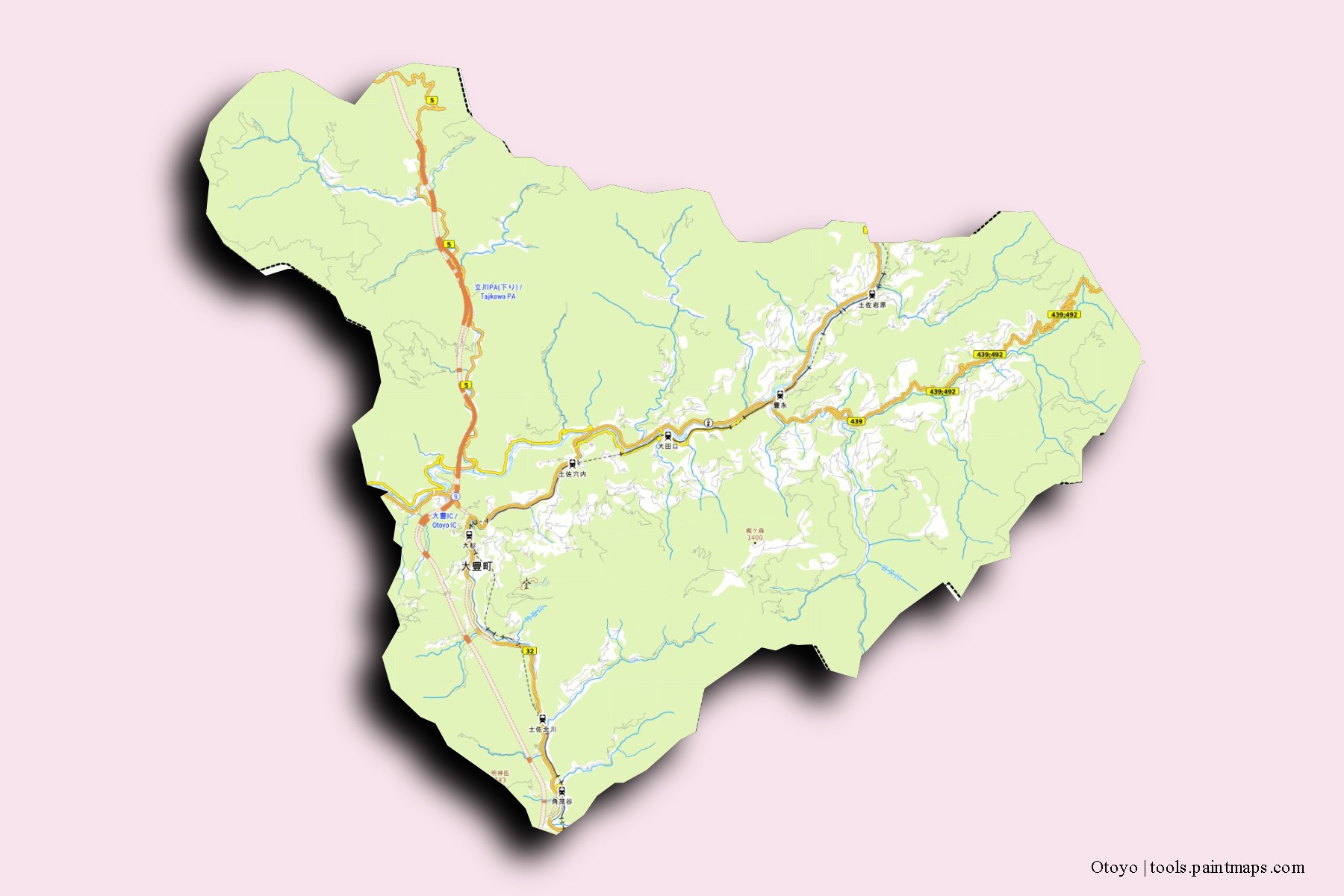 Mapa de barrios y pueblos de Otoyo con efecto de sombra 3D