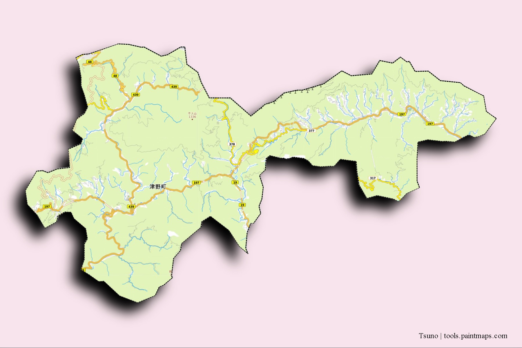 Mapa de barrios y pueblos de Tsuno con efecto de sombra 3D