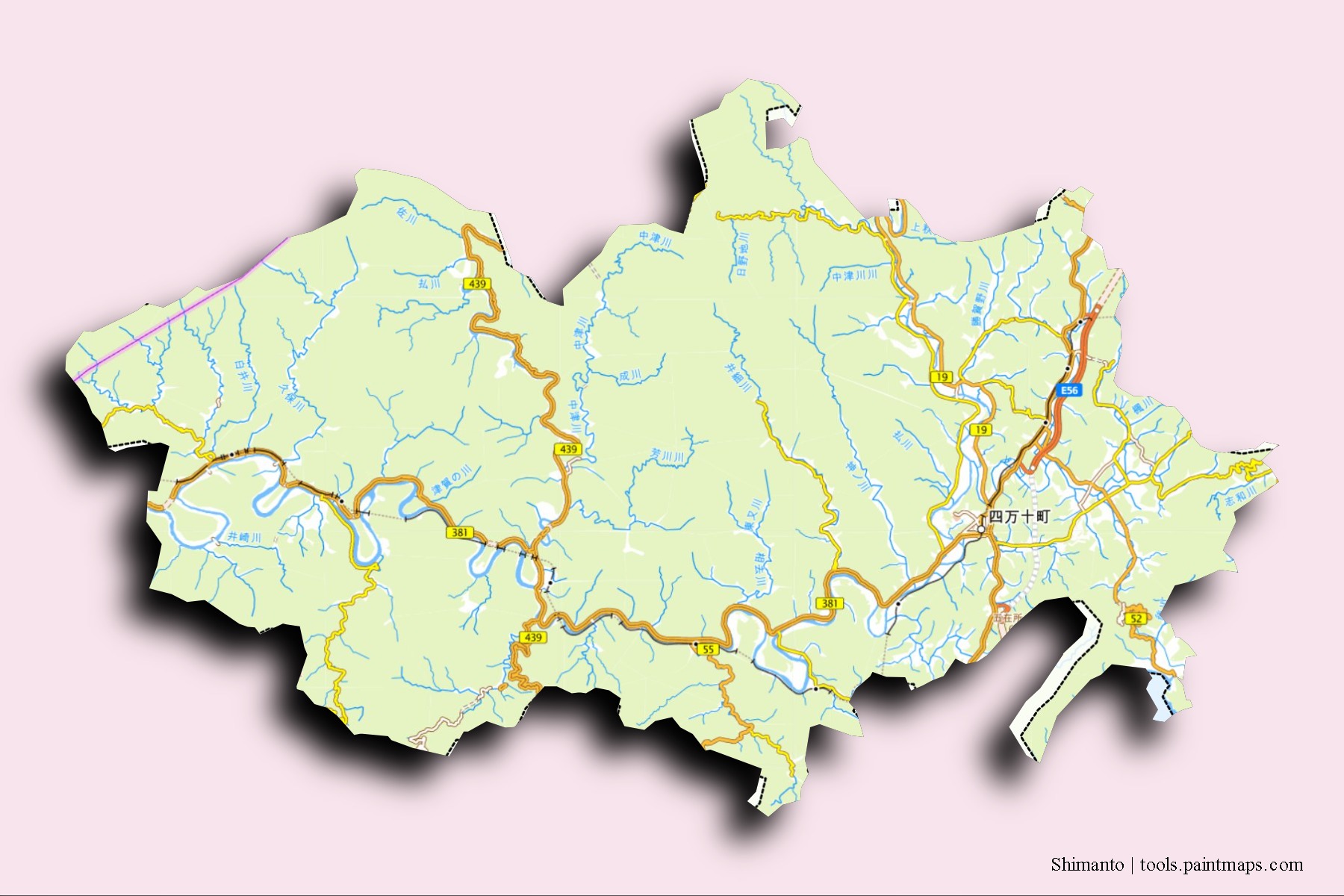 Shimanto neighborhoods and villages map with 3D shadow effect