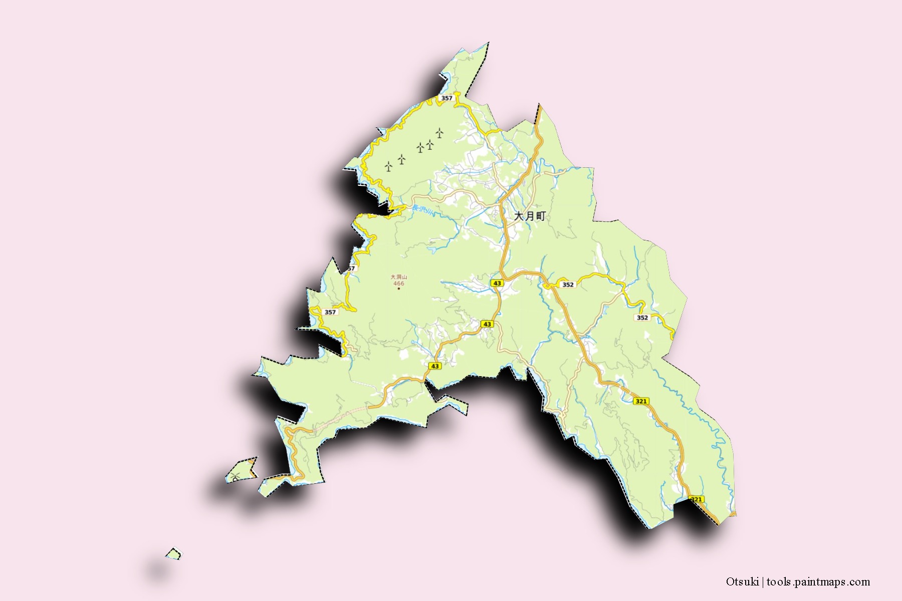 Mapa de barrios y pueblos de Otsuki con efecto de sombra 3D