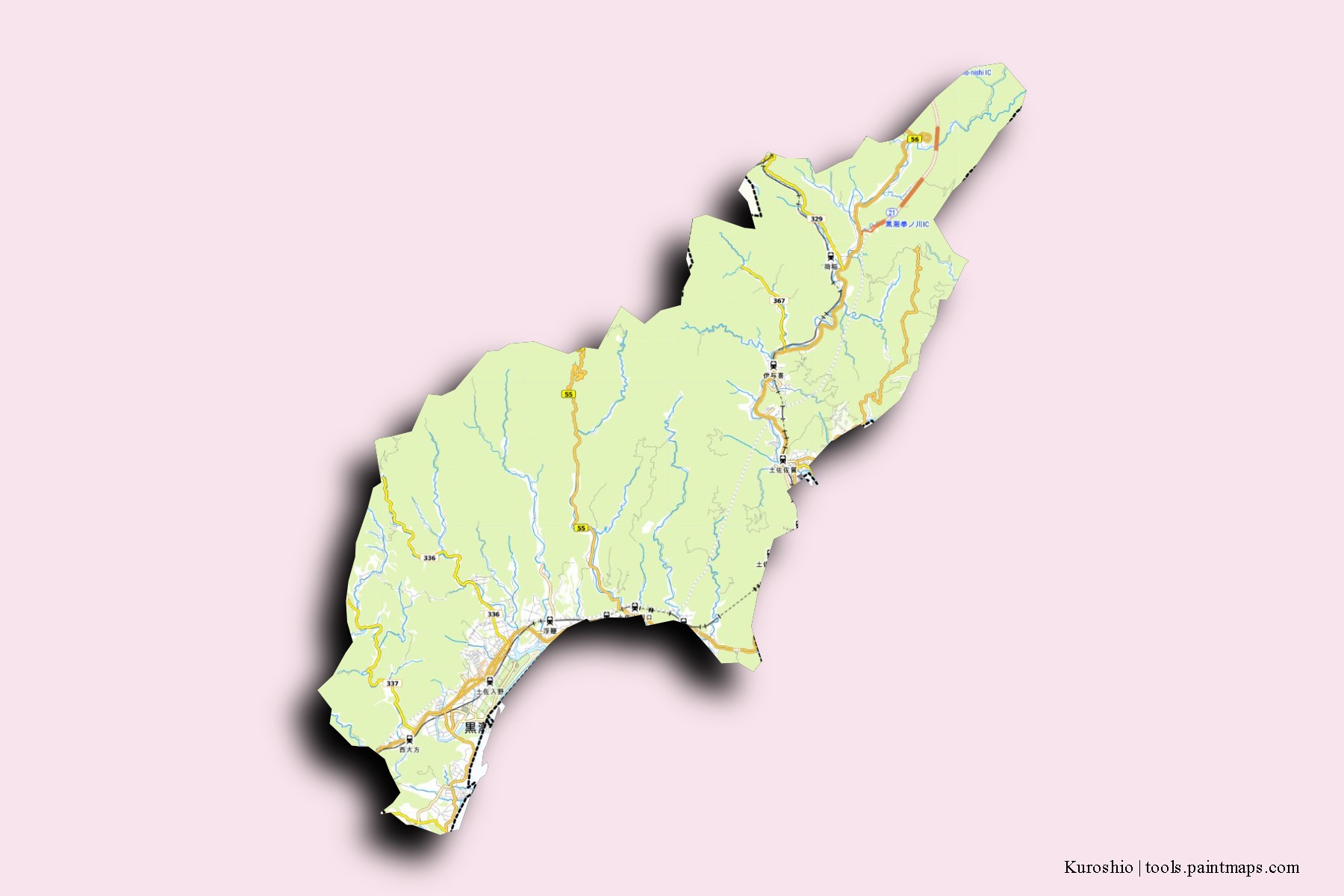 Mapa de barrios y pueblos de Kuroshio con efecto de sombra 3D