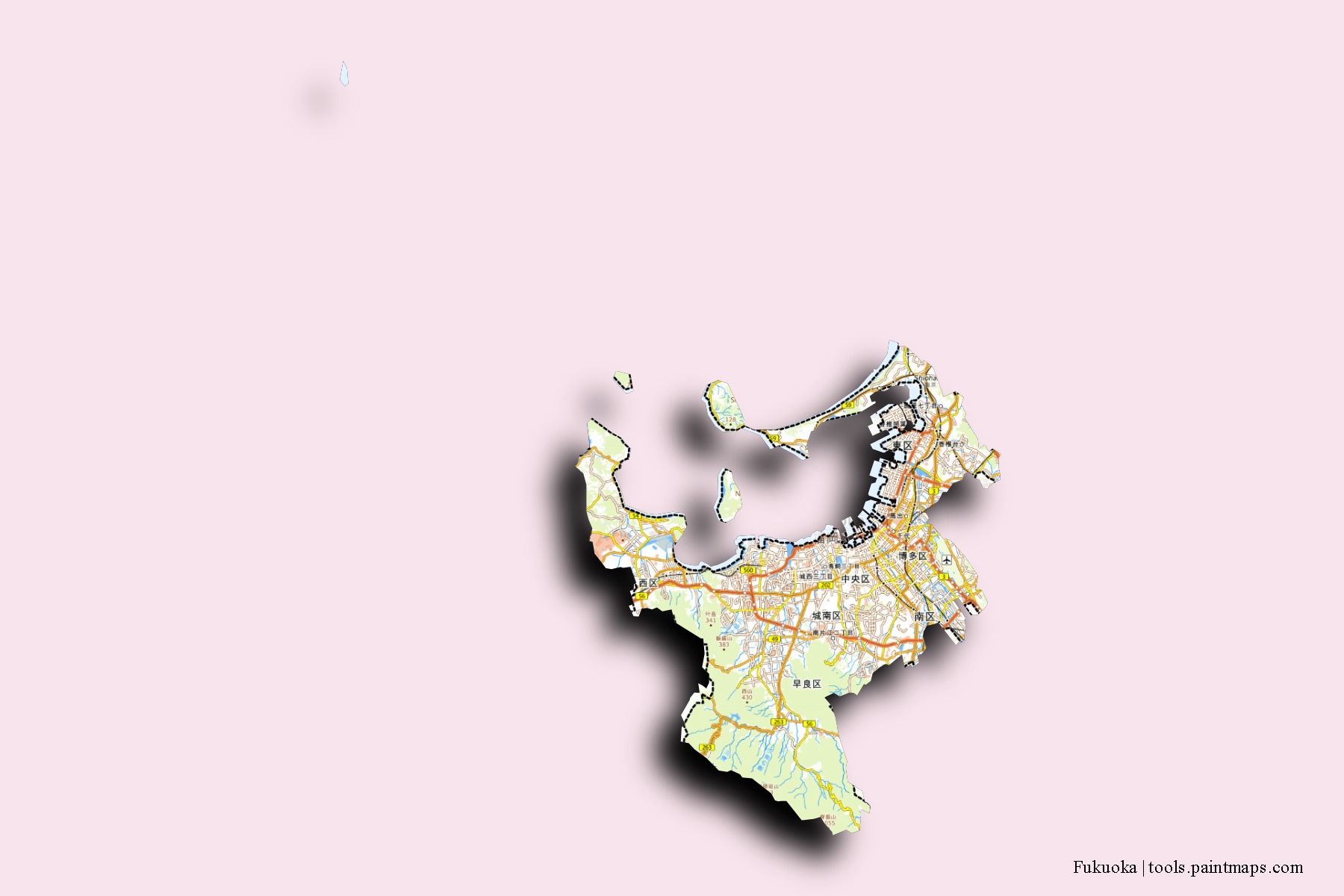 Mapa de barrios y pueblos de Fukuoka con efecto de sombra 3D