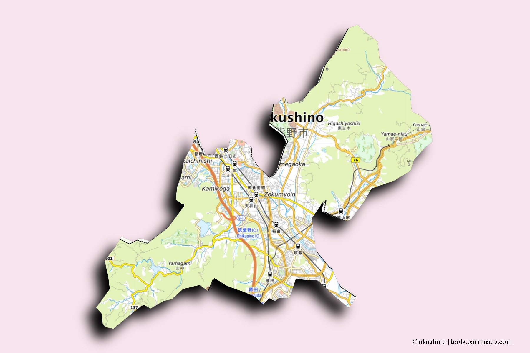 Chikushino neighborhoods and villages map with 3D shadow effect